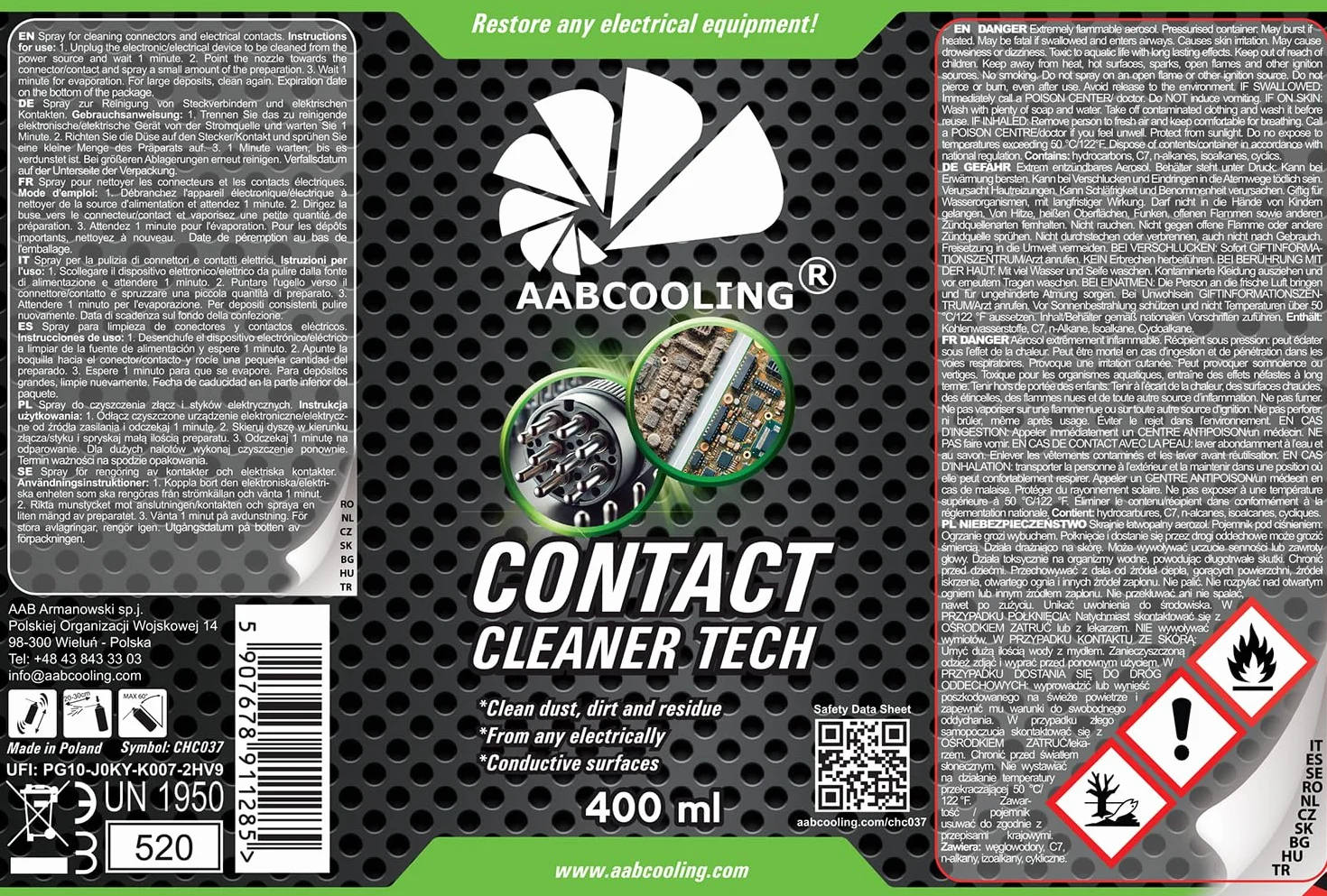 AABCOOLING Contact Cleaner 400ml – Spray do czyszczenia silnika i elektroniki – usuwa olej, smar, brud i utlenienia – szybkoschnący środek do warsztatu i garażu do styków elektrycznych i złącz