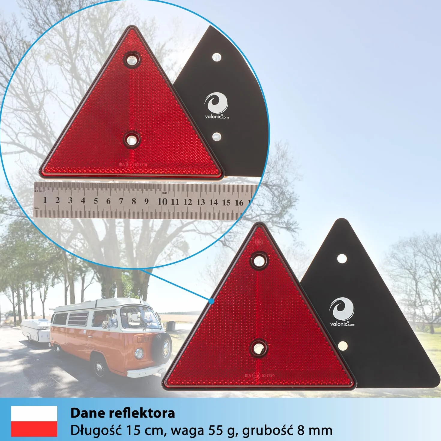 valonic trójkąt odblaskowy, 2 szt. - certyfikat ECE: R3.02 klasa IIIA (dla ruchu drogowego)- 15cm - odblaski do przyczep - czerwony - brak śrub w zestawie