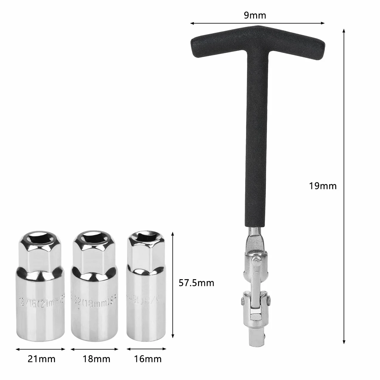 klucze do świec zapłonowych 16, 18, 21 mm, 5-częściowy zestaw, uniwersalne narzędzia w kolorze matowo-czarnym