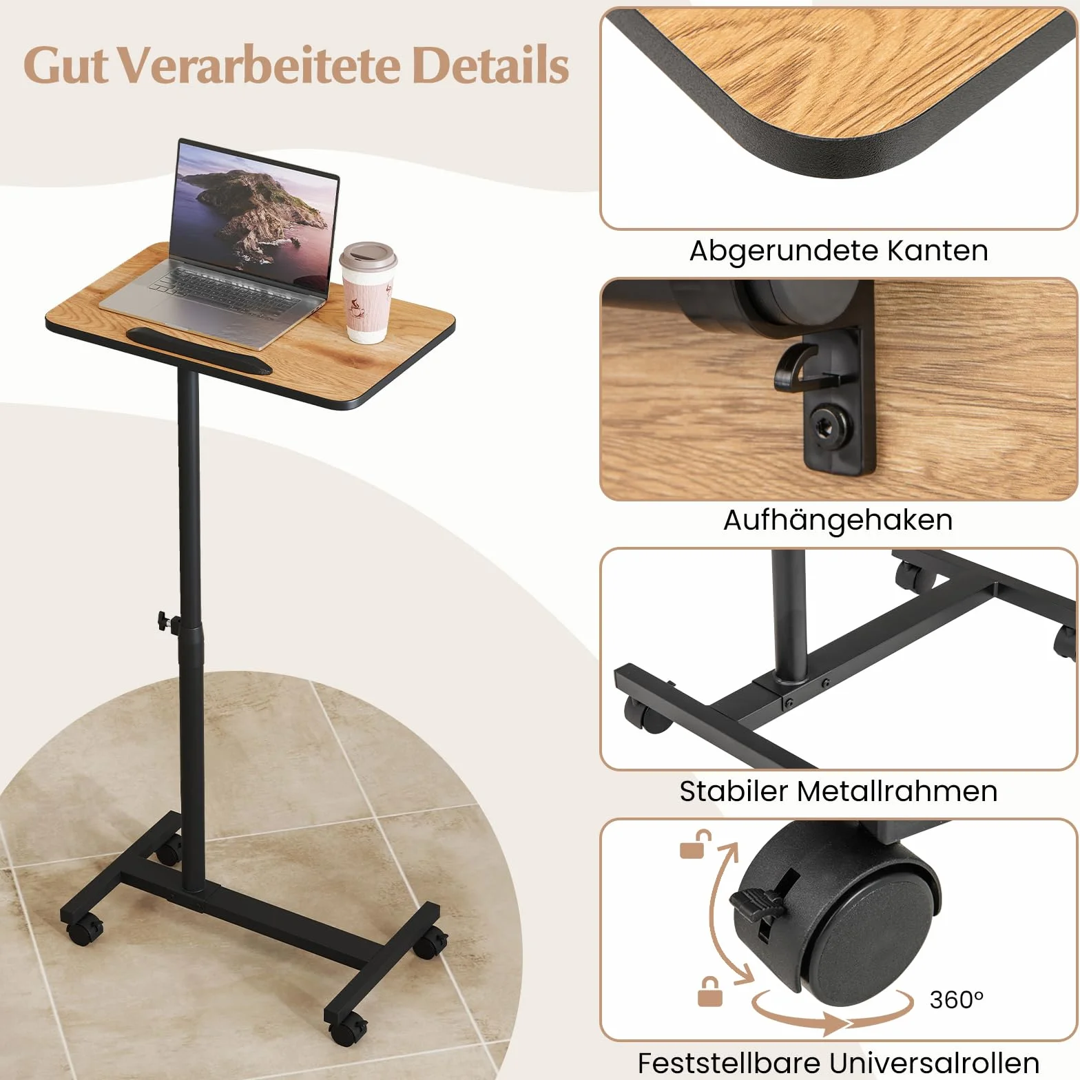 COSTWAY Stolik do łóżka z regulacją wysokości, obrotowy 360°, stolik pod laptopa