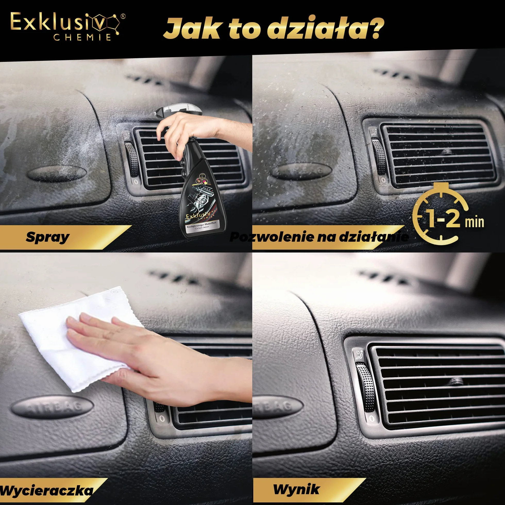 Exklusiv Chemie® Samochód do pielęgnacji kokpitu | Czyści i pielęgnuje deskę rozdzielczą i plastikowe powierzchnie | Wnętrze do pielęgnacji samochodu | Środek do czyszczenia tapicerki | Leczenie samochodów | 500 ml