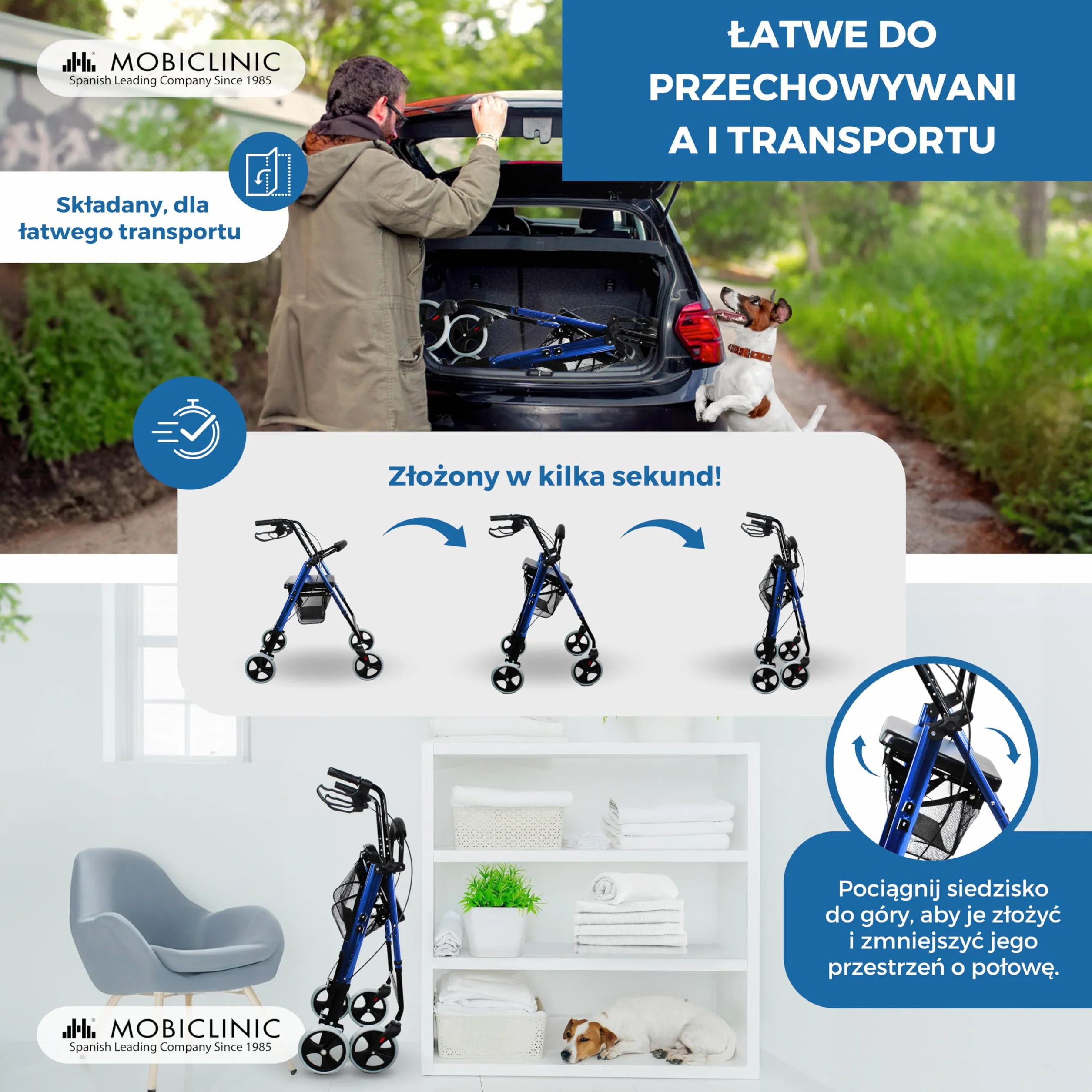 Mobiclinic Rollator Składany Regulowany 4 Koła Niebieski