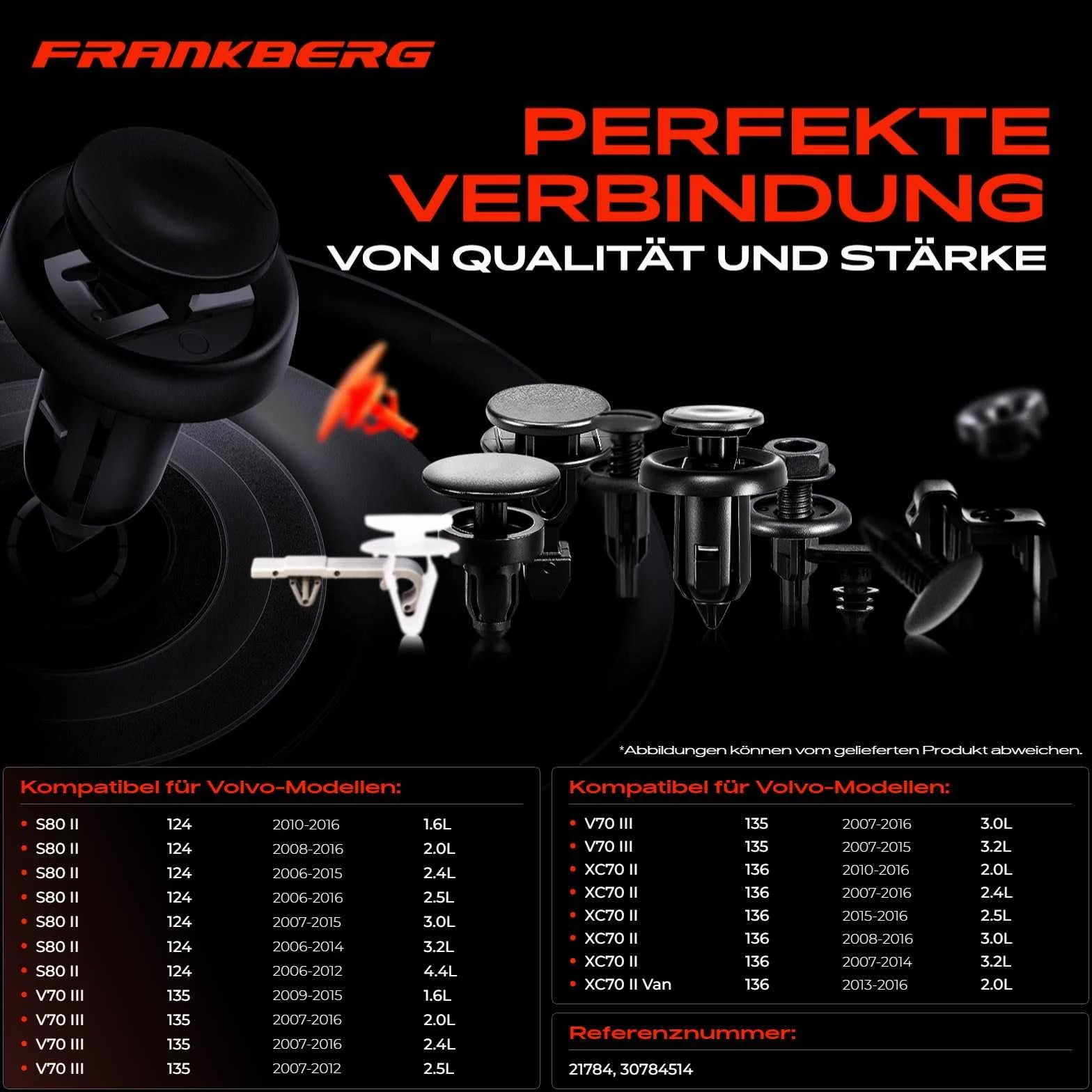 Frankberg 10 klipsów mocujących, ochrona silnika, progi boczne, kompatybilne z V70 III 135 XC90 I 275 XC70 II 136 XC70 II Van 136 S80 II 124 Replace# 30784514