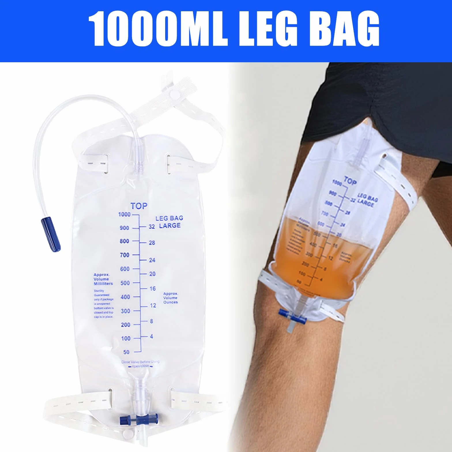 Worek na mocz 1000 ml z zaworem spustowym T, 5 sztuk, długość węża 30 cm
