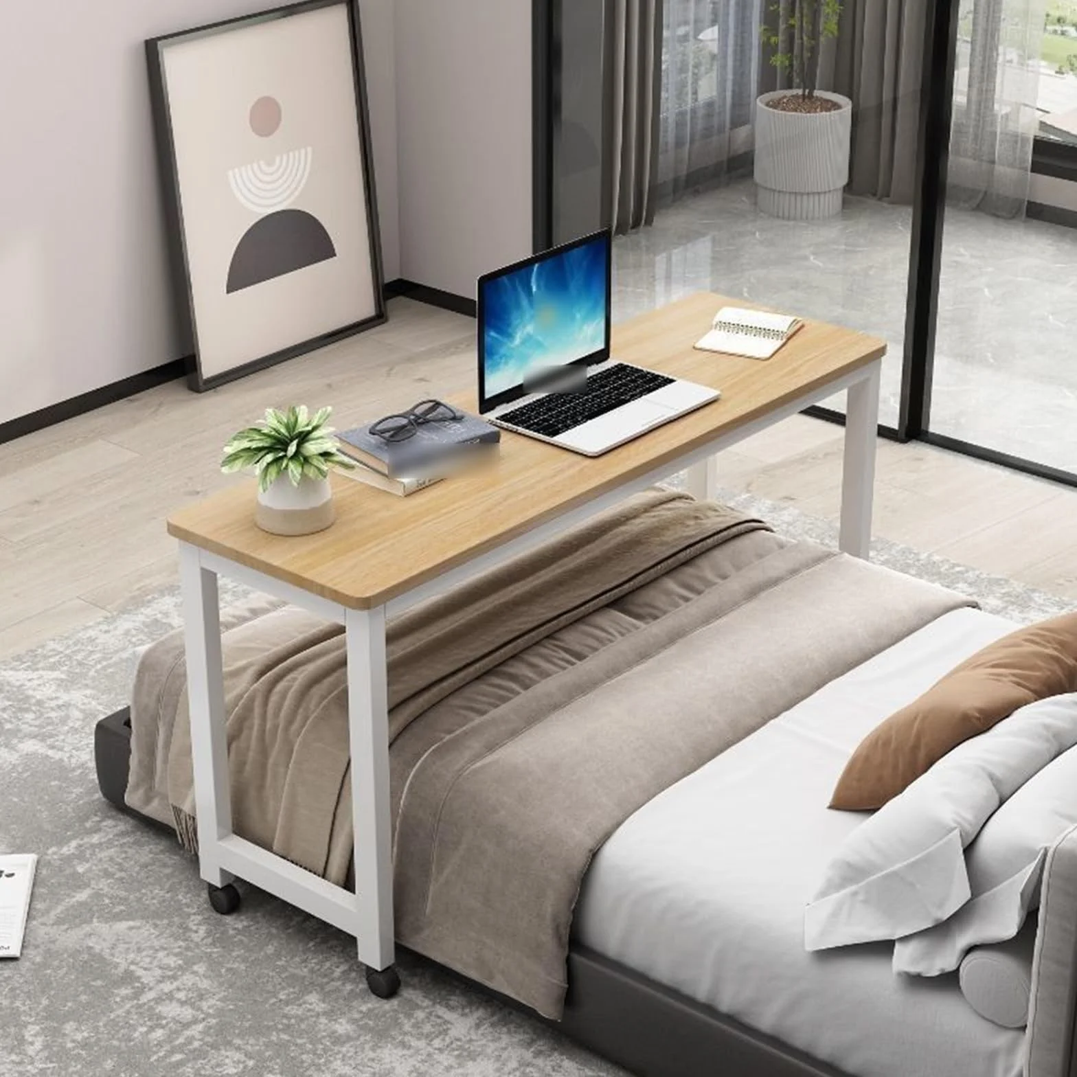 Stolik Pod Laptopa Nadłóżkowy z Kółkami 220x60cm Orzech Biały