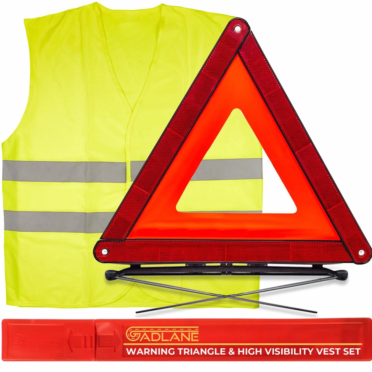GADLANE Zestaw z trójkątem ostrzegawczym 2 w 1 i kamizelką Hi Vis Kit na samochód, bezpieczeństwo na drodze, odblaskowy ECE R27 i kamizelka o wysokiej widoczności, europejski zestaw podróżny do awarii
