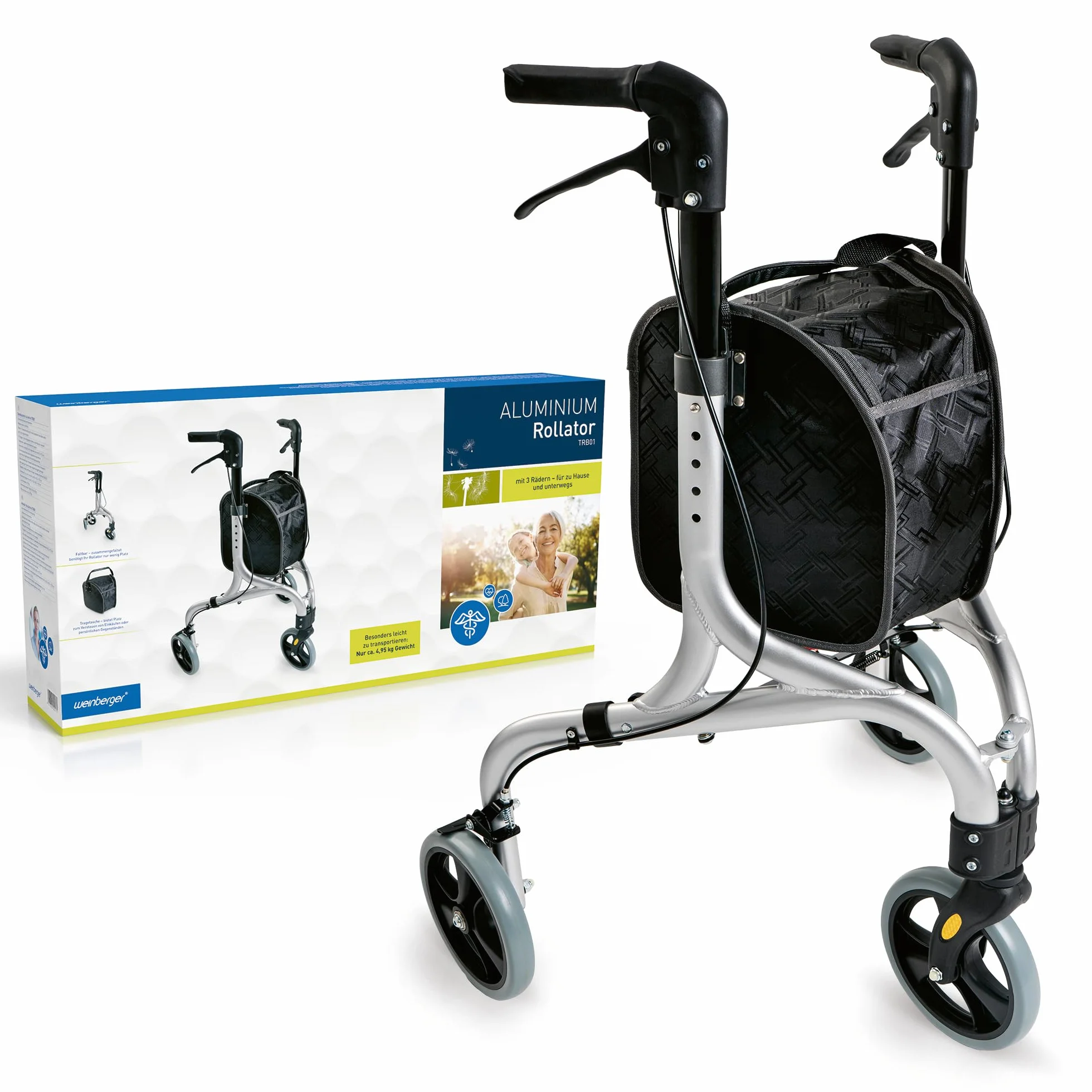 WEINBERGER Aluminium Rollator faltbar 3 Räder 4,2 kg Silber-Schwarz Modell 02217