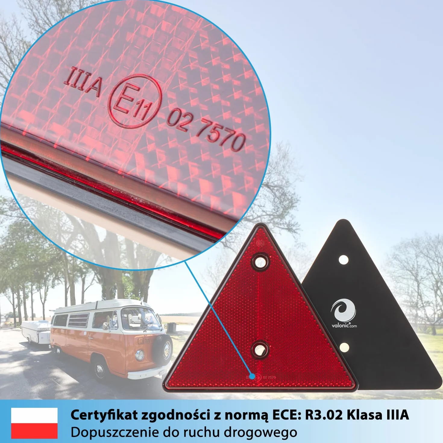 valonic trójkąt odblaskowy, 2 szt. - certyfikat ECE: R3.02 klasa IIIA (dla ruchu drogowego)- 15cm - odblaski do przyczep - czerwony - brak śrub w zestawie