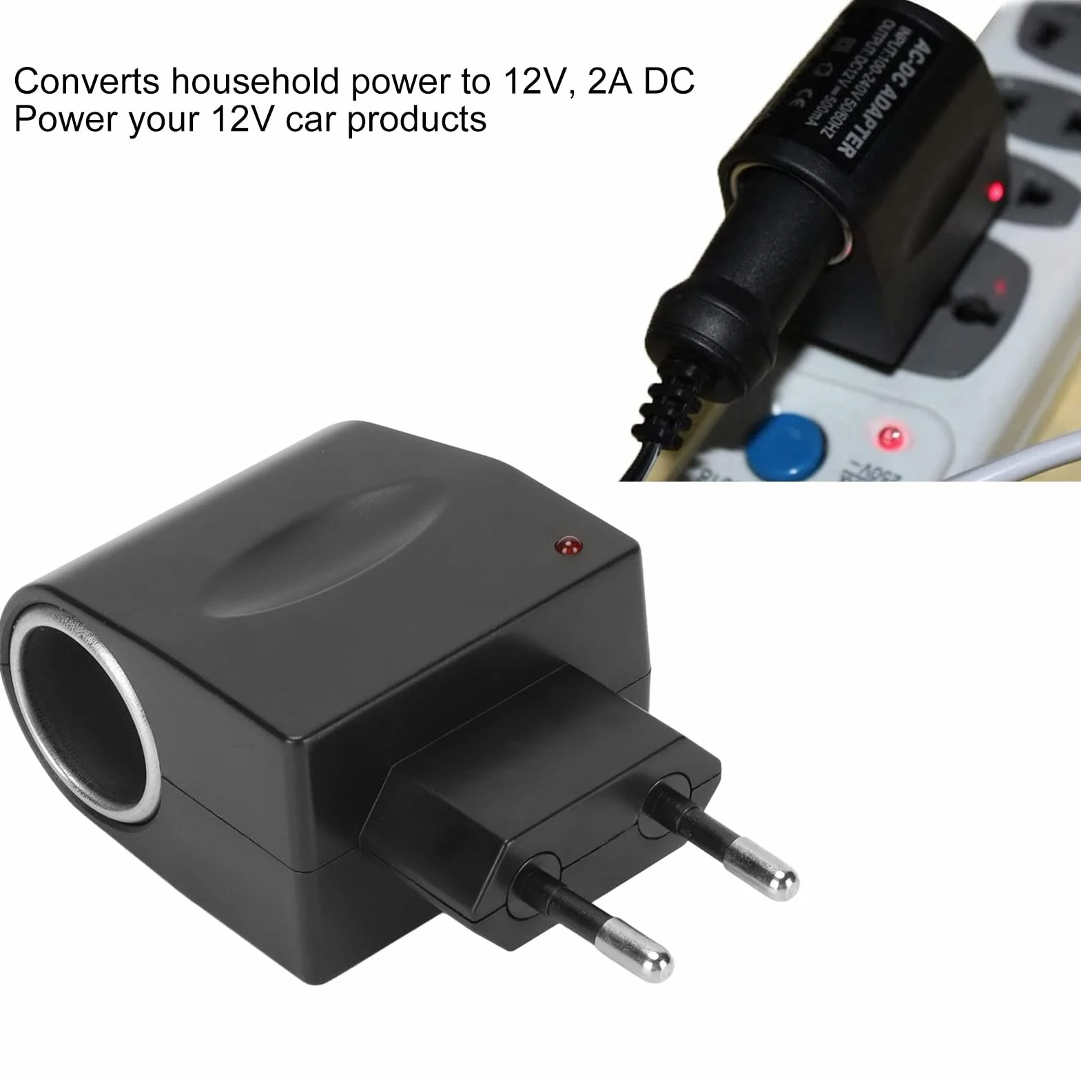 Uniwersalny Adapter do Zapalniczki Samochodowej 240 V AC na 12 V DC, Adapter Wtyczki Samochodowej, Konwerter Zasilania ze Wskaźnikiem LED, do Elektronicznych Materiałów (wtyczka