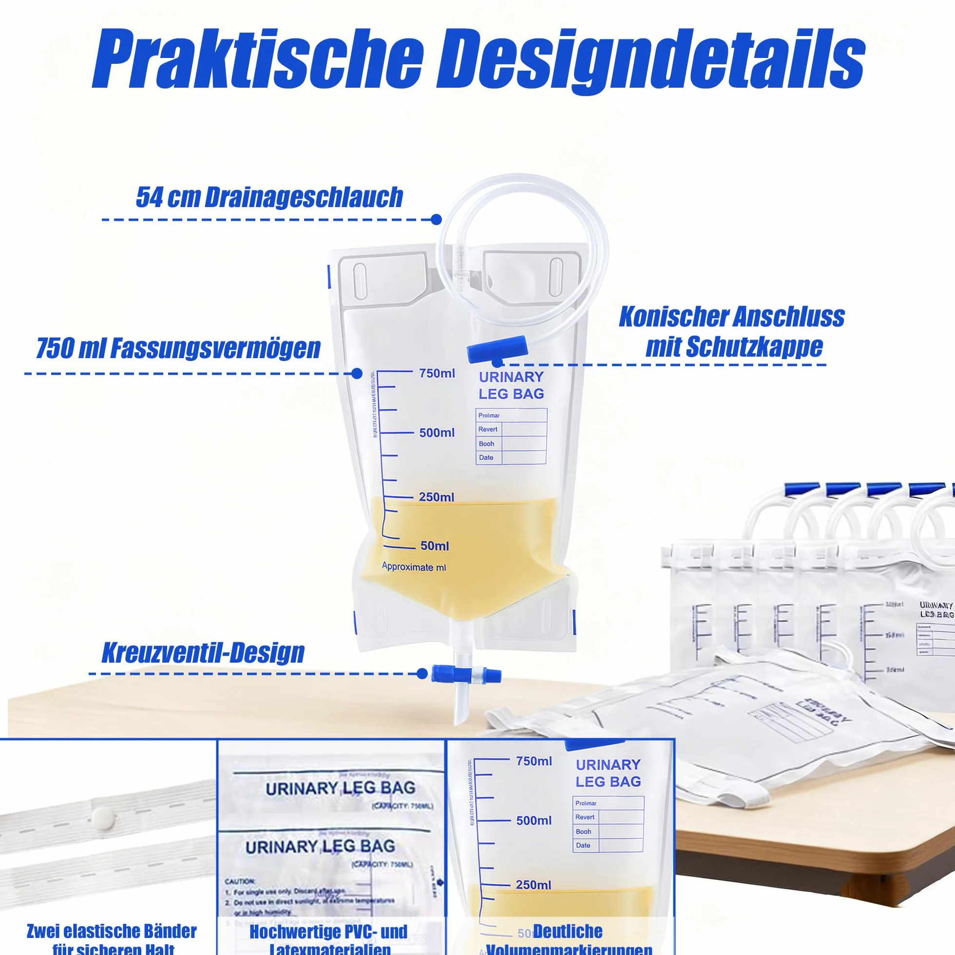 Zestaw worków na nogę 750 ml PCW wąż silikonowy jednorazowe woreczki na mocz z zaworem krzyżowym