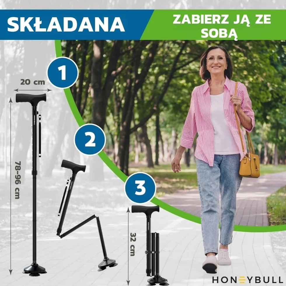 HONEYBULL Laska do Chodzenia Składana Regulowana Wolnostojąca Obrotowa Końcówka