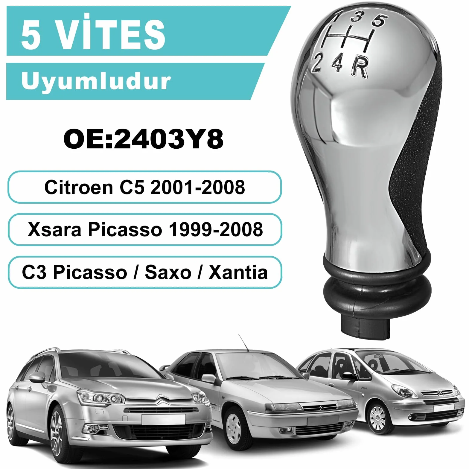 Spurtar ręczna gałka zmiany biegów 5 prędkości gałki zmiany biegów do Citroen C5 01-08 Xsara Picasso 1999-2008 - czarny i błyszczący chrom OE 2403Y8