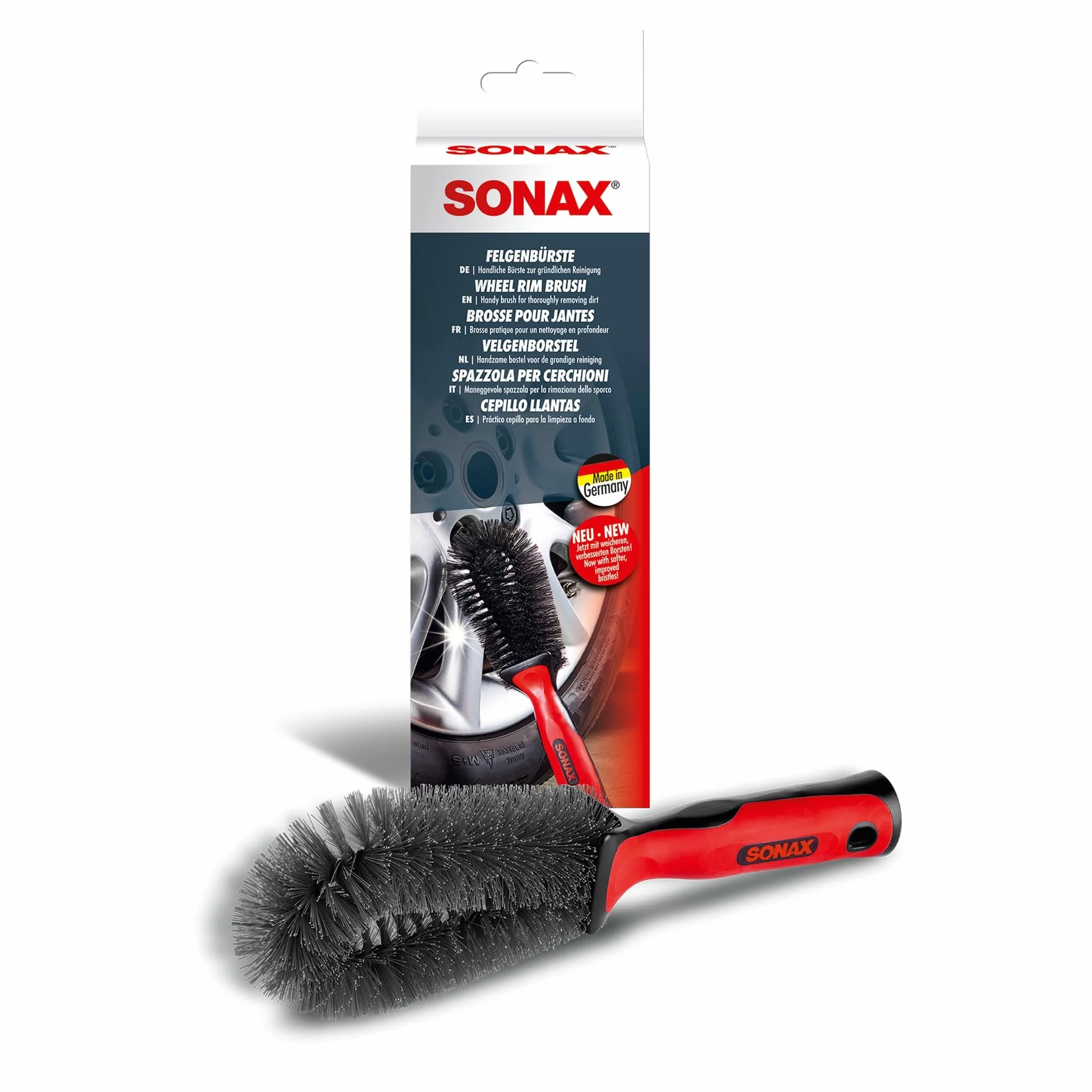 SONAX Szczotka do felg (1 sztuka) do usuwania uporczywych i trudno dostępnych zabrudzeń z felg stalowych i aluminiowych | nr art. 04179000