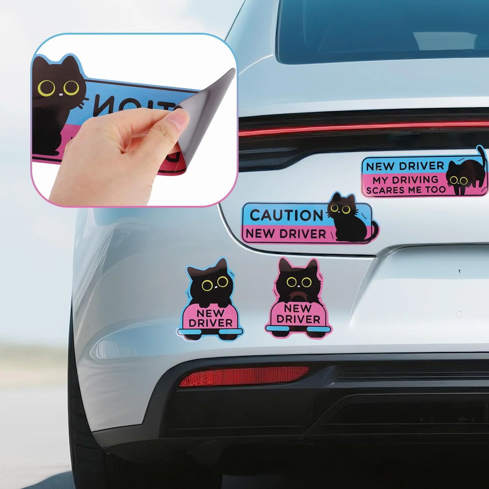 4szt Magnesy Samochód Czarny Kot New Driver, Drżący Kot Kreskówki Znaki Ostrzegawcze Kursantów Magnetyczne Naklejki Zderzakowe Zabavne Naklejki Samochodowe dla Nowych Kierowców Prezent