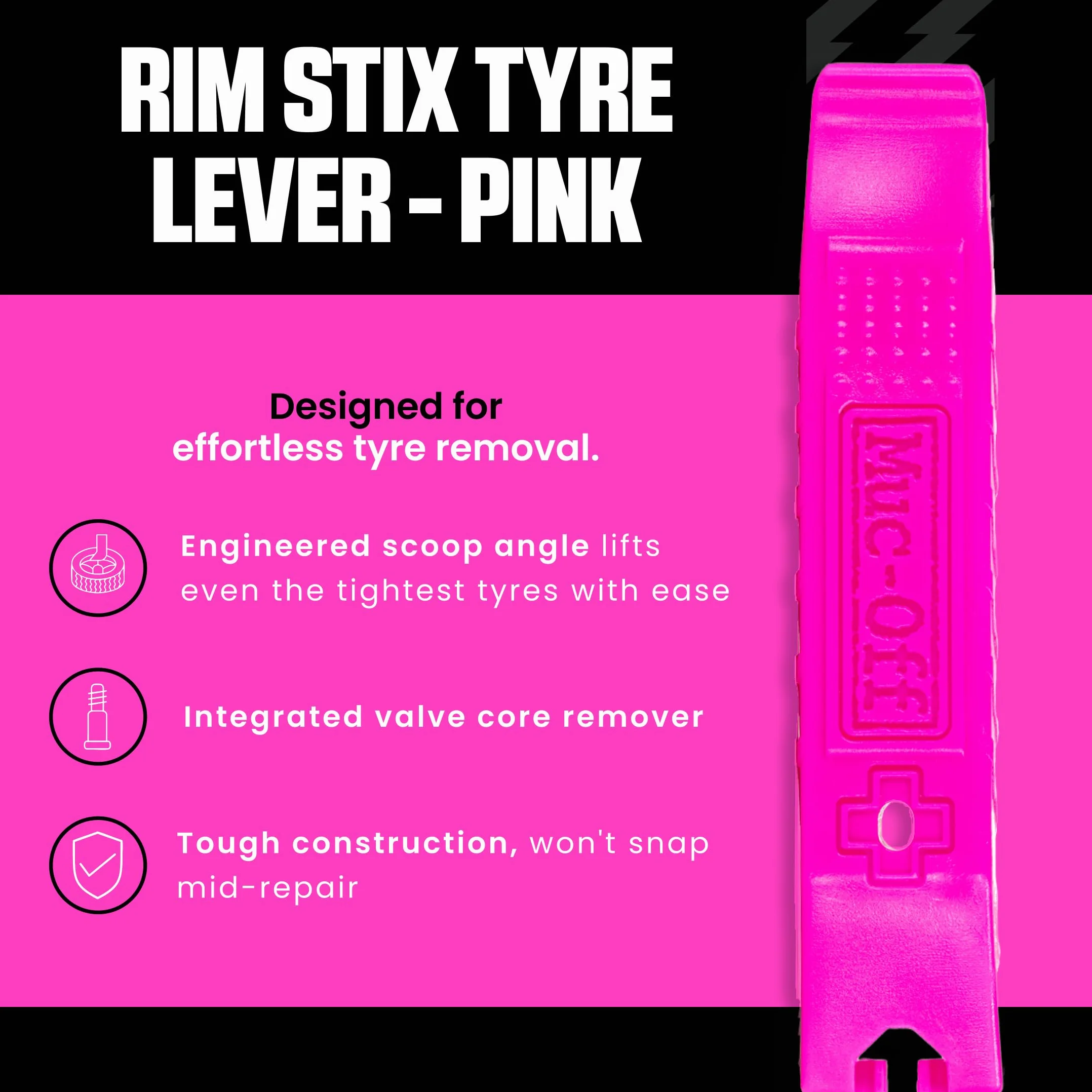 Muc-Off Rim Stix Tyre Levers, Łyżki do Opon Rowerowych, Różowa – Narzędzie do Montażu i Naprawy Przebitych Opon – Łyżka do Wymiany Opon Rowerowych