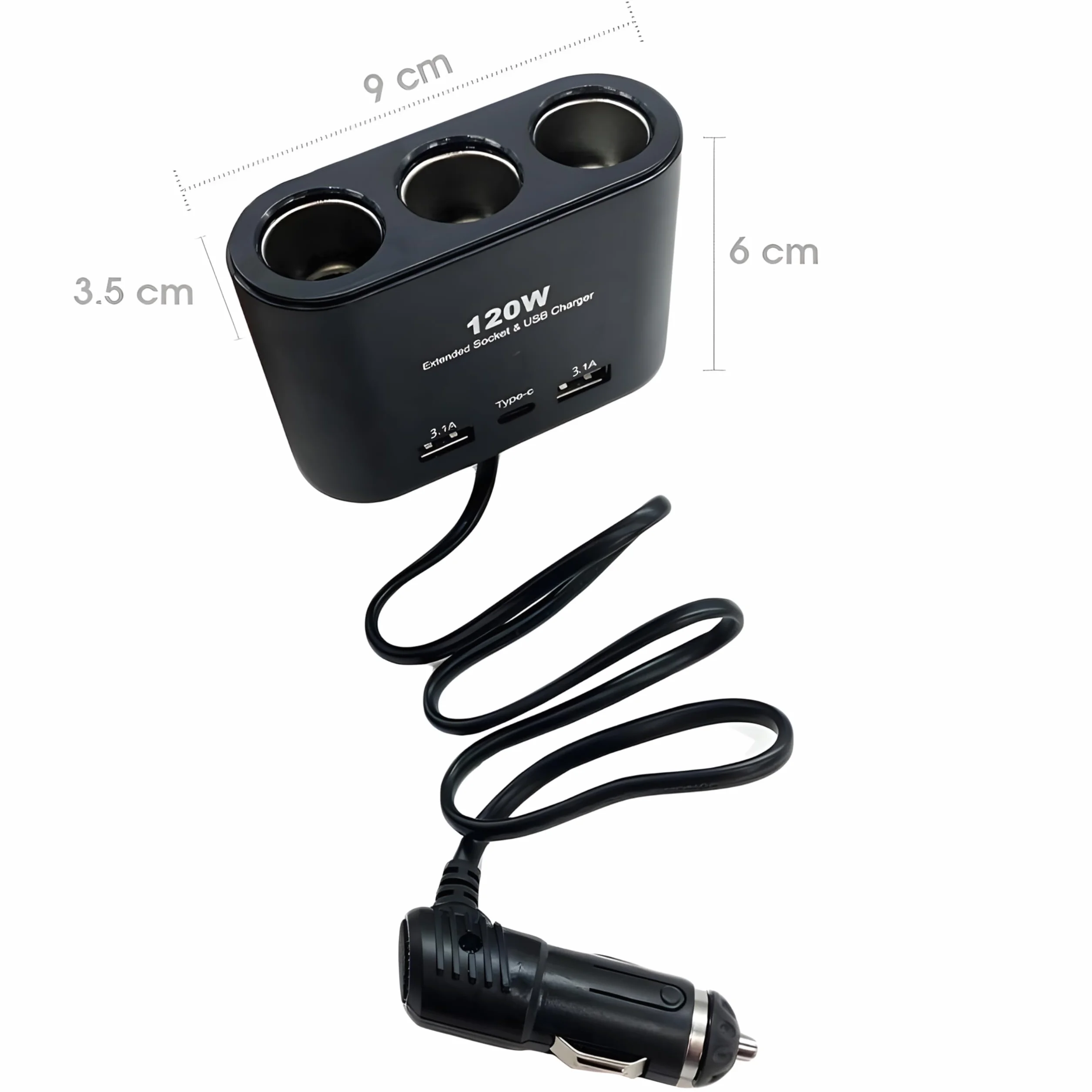 Retoo rozdzielacz zapalniczki 3-gniazdowy, ładowarka samochodowa z 2x USB 1x Type C, adapter z kablem splitter 23cm, gniazdo 12V 24V 120W Power Delivery Quick Charge do samochodu, ciężarówki, campera