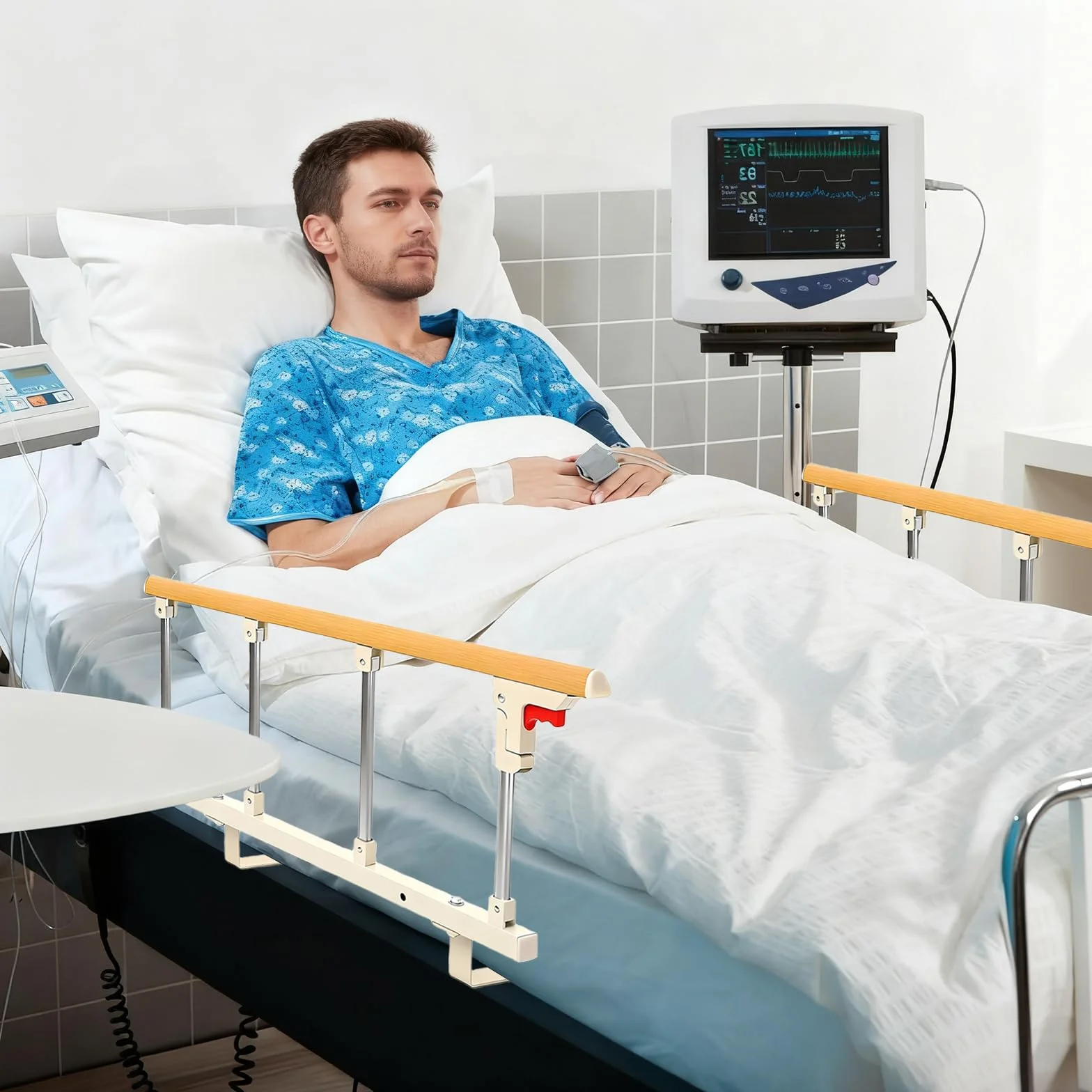 Składana bariera na łóżko z żółtym drewnianym uchwytem, 4-pręcikowa szyna, stabilne wsparcie dla osób starszych