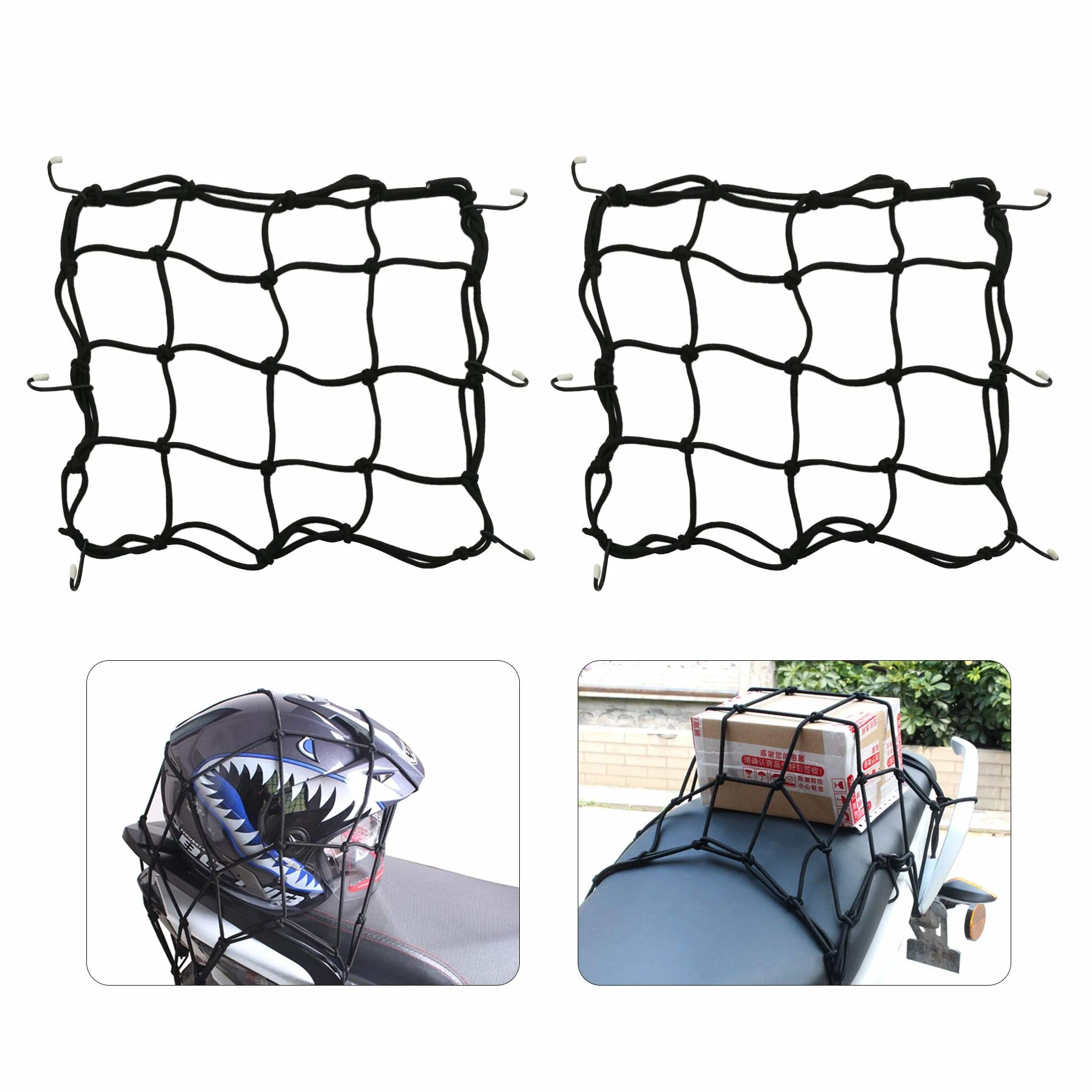 Siatka na kask motocyklowy, siatka ładunkowa, 2 sztuki, siatka bungee, do motocykla, roweru, osłona ładunkowa, quady, z haczykami, elastyczna, rozciągliwa