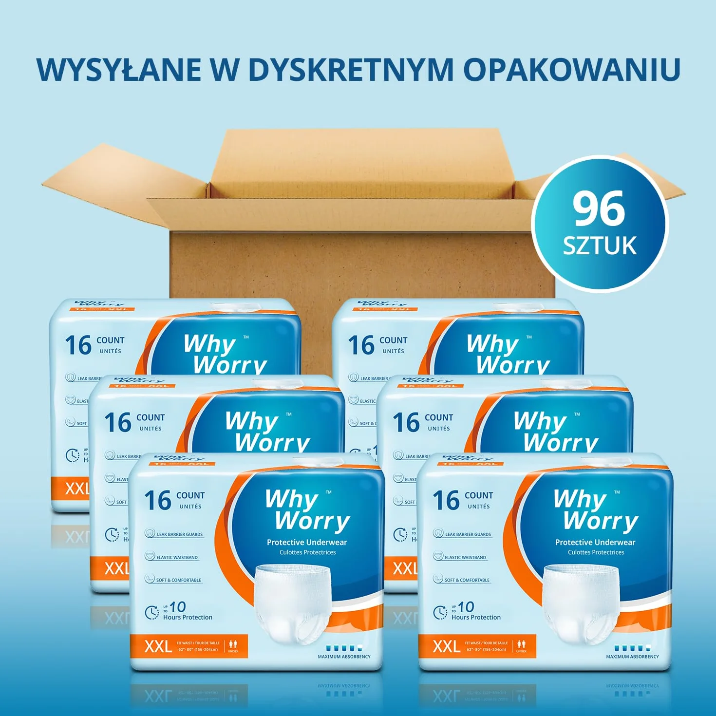 WhyWorry Bielizna na nietrzymanie moczu dla Dorosłych, Pieluchy Majtki inkontynencyjne, Chłonne przez noc, Rozmiar XXL, 96 Sztuk