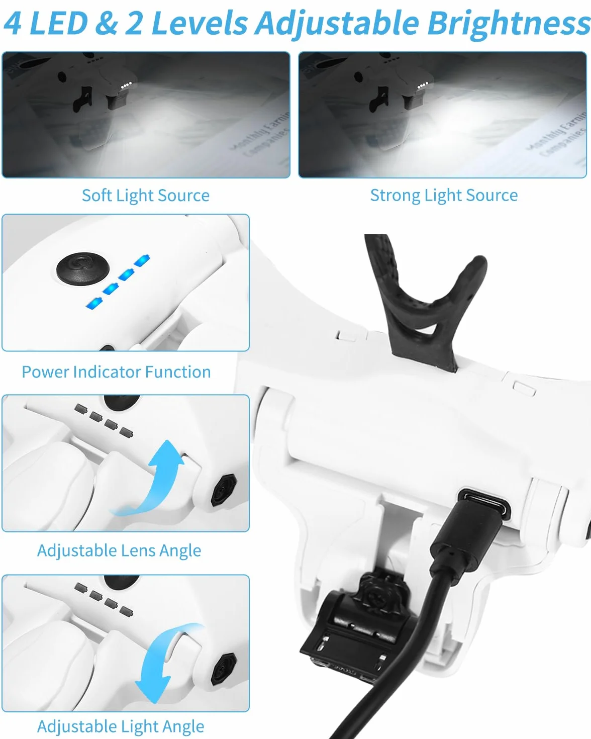 Okulary powiększające USB LED 5 soczewek 1,0x 1,5x 2,0x 2,5x 3,5x