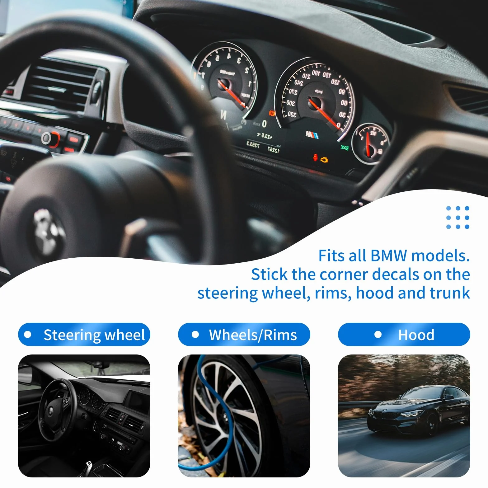 Naklejki z logo BMW - 60 sztuk naklejek z emblematami na rogach w 8 rozmiarach na akcesoria BMW do samochodu, motocykla, pasuje do felg, kierownicy, maski silnika i innych akcesoriów Logo naklejki