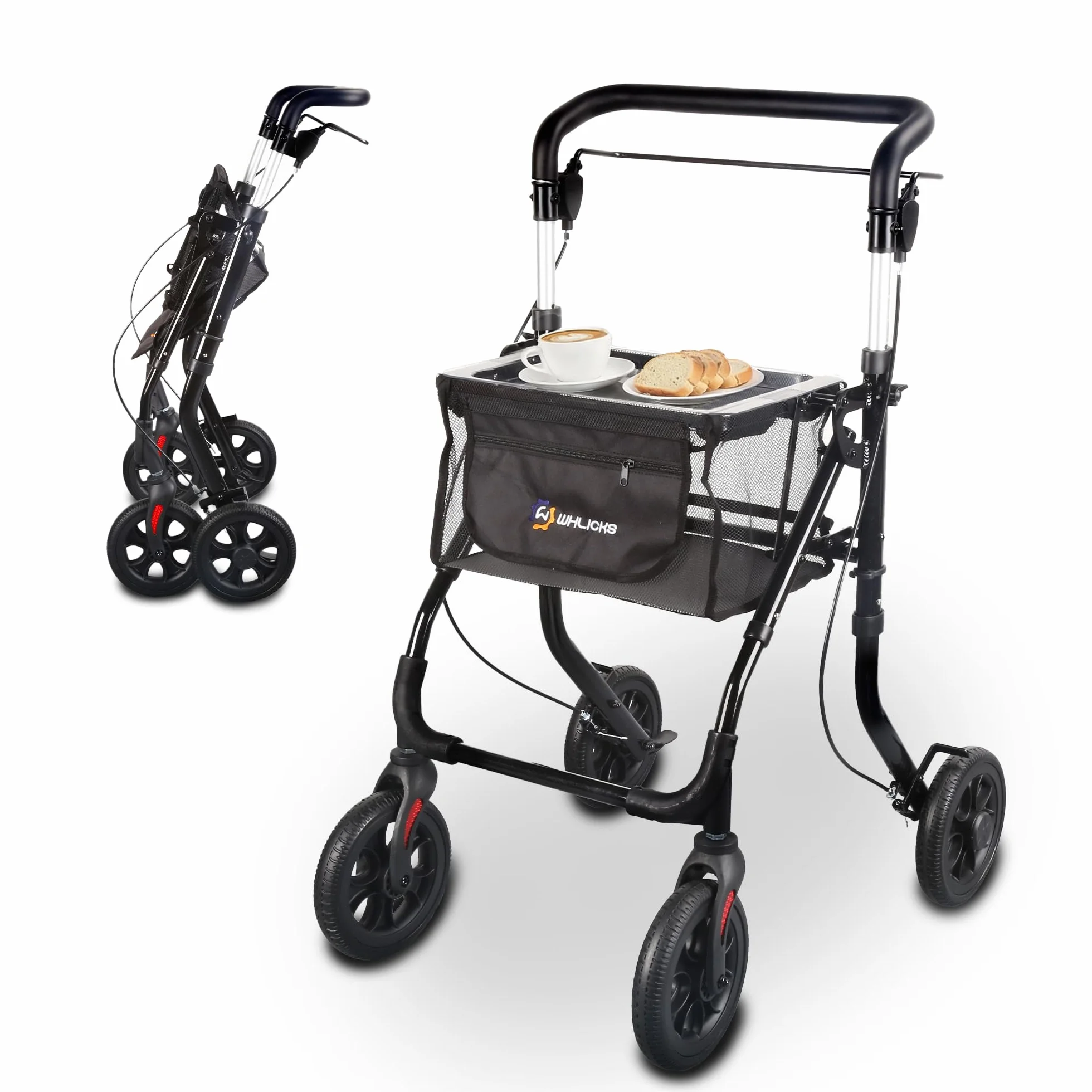 Aluminiowy Rollator Składany Wąski do Mieszkania z Torbą i Tacą, Regulacja Wysokości, Antypoślizgowa Opona