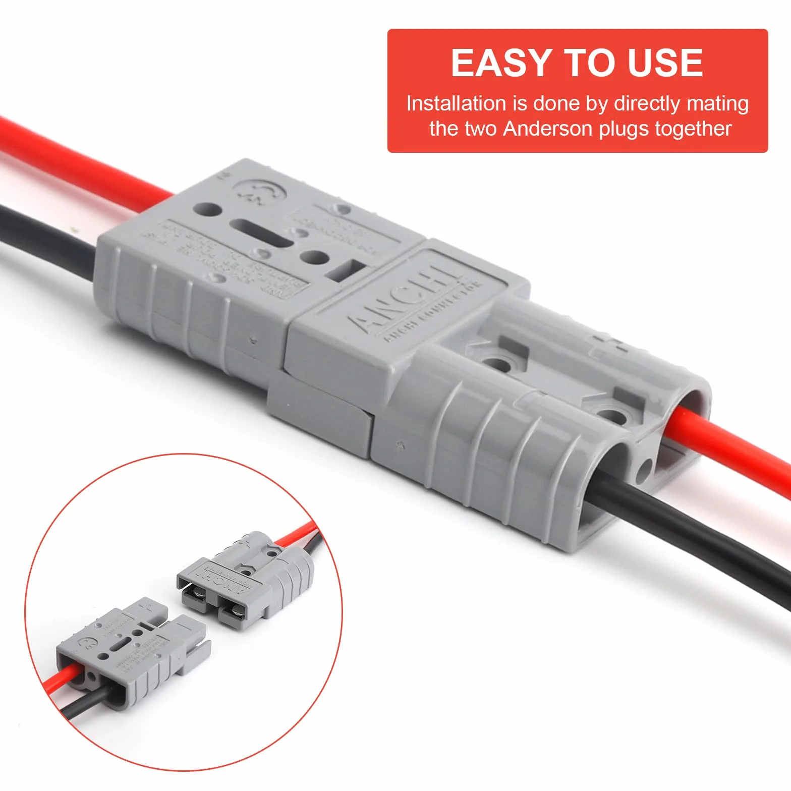 APOMOONS 2 wtyczki z kablem do wtyczki Anderson, wtyczka 50 A, 600 V, 12 AWG o-ringi, wtyczka do baterii, odpowiednie do samochodu, motocykla, przyczepy kempingowej, wózka widłowego