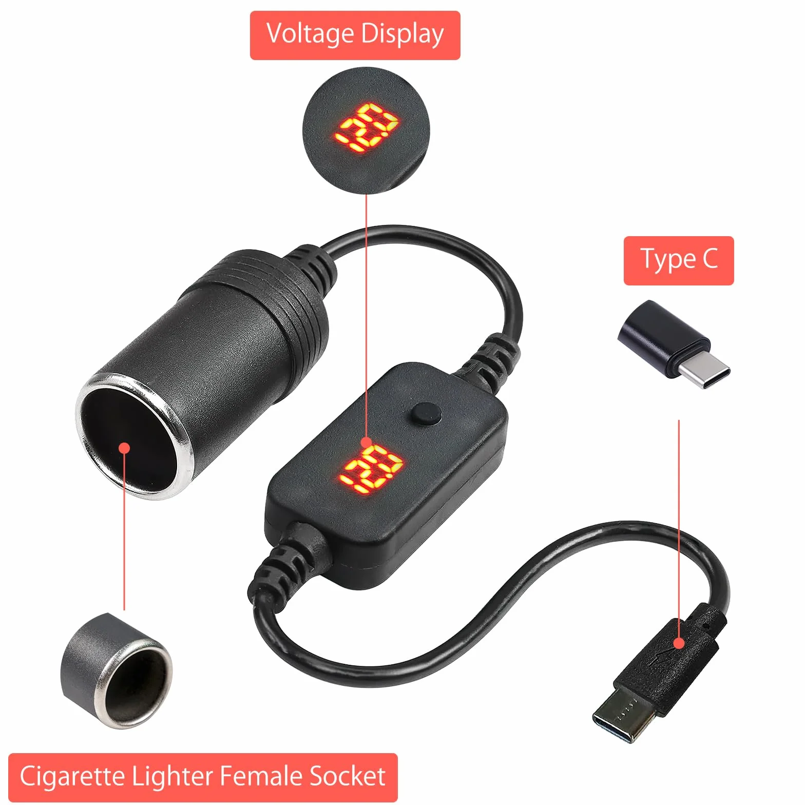 2 sztuki USB do zapalniczki samochodowej 12 V, adapter USB C na 12 V, adapter do zapalniczki samochodowej z woltomierzem, regulowane napięcie 5 V/9 V/12 V, wskaźnik odpowiedni do ładowarki