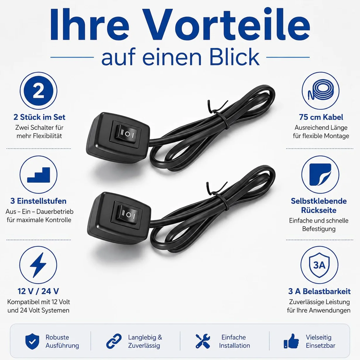 Powice 2 x przełącznik dźwigienkowy 12 V z samoprzylepną tylną stroną, 3 poziomy regulacji, 3 A, 12 V/24 V, przełącznik z kablem 75 cm, przełącznik dźwigienkowy 12 V do sterowania elektroniką