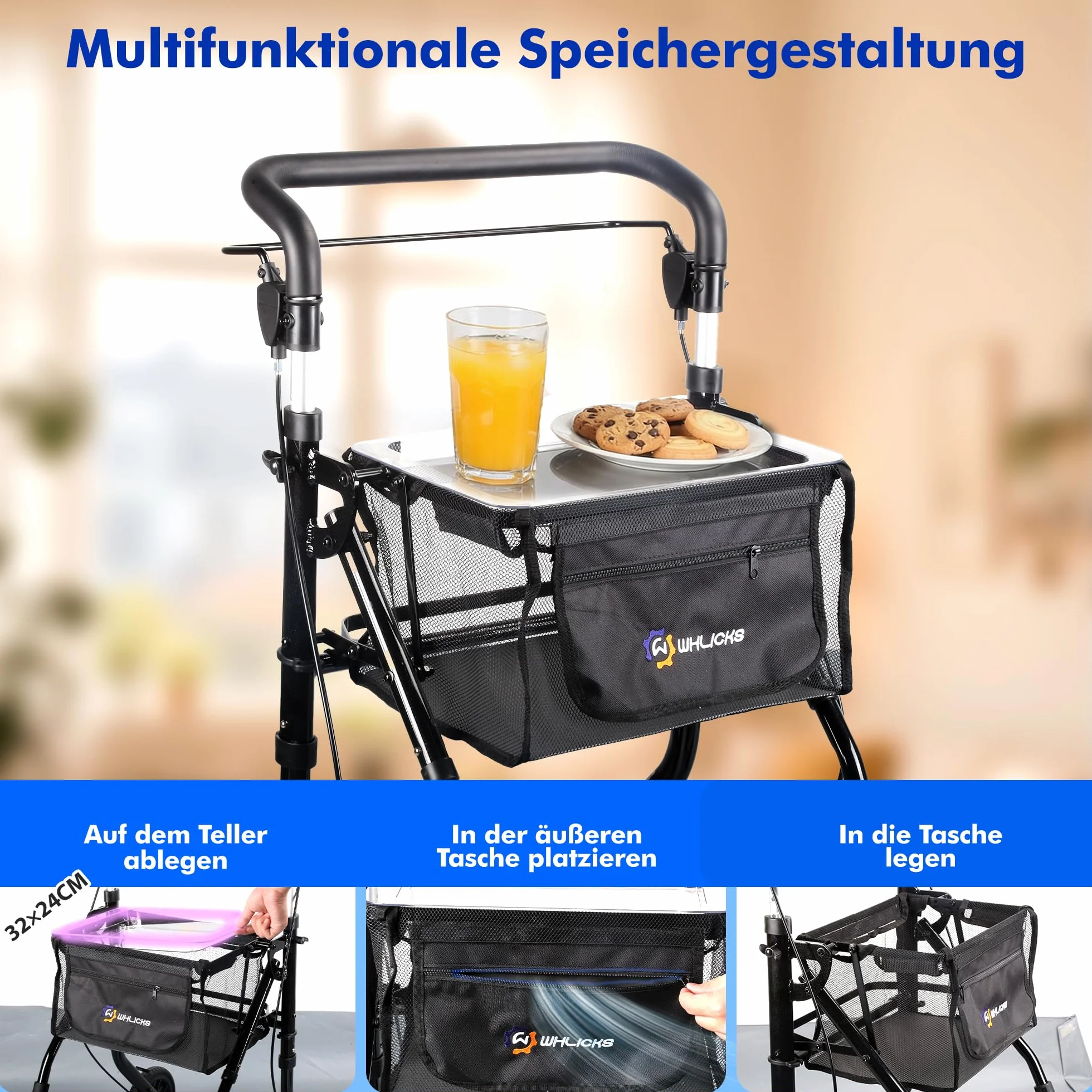 Aluminiowy Rollator Składany Wąski do Mieszkania z Torbą i Tacą, Regulacja Wysokości, Antypoślizgowa Opona