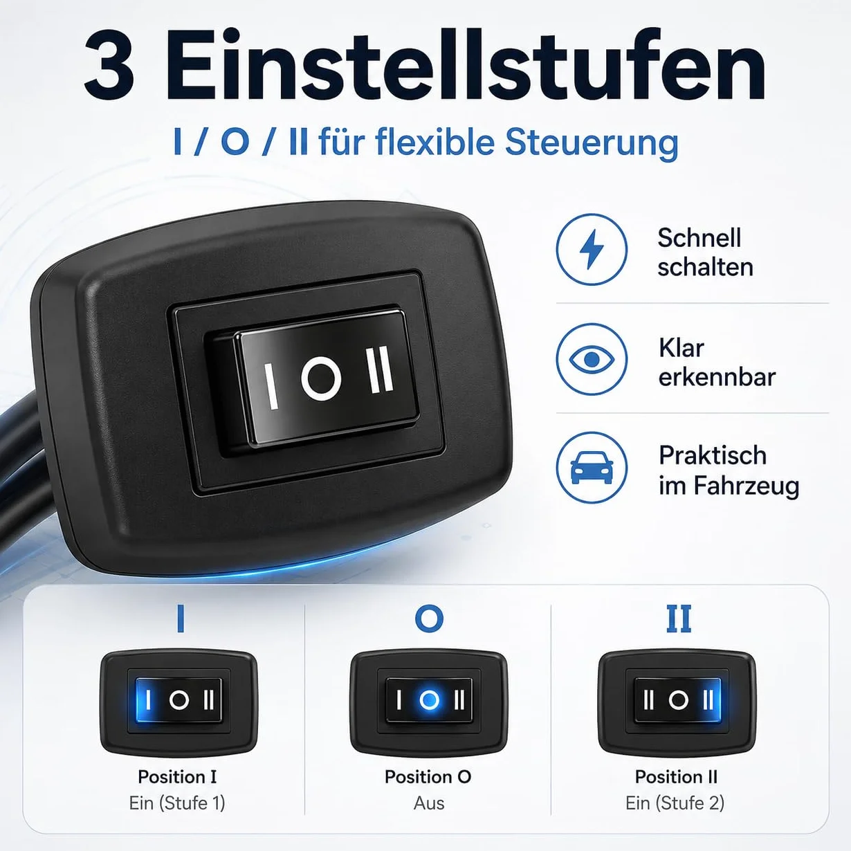 Powice 2 x przełącznik dźwigienkowy 12 V z samoprzylepną tylną stroną, 3 poziomy regulacji, 3 A, 12 V/24 V, przełącznik z kablem 75 cm, przełącznik dźwigienkowy 12 V do sterowania elektroniką