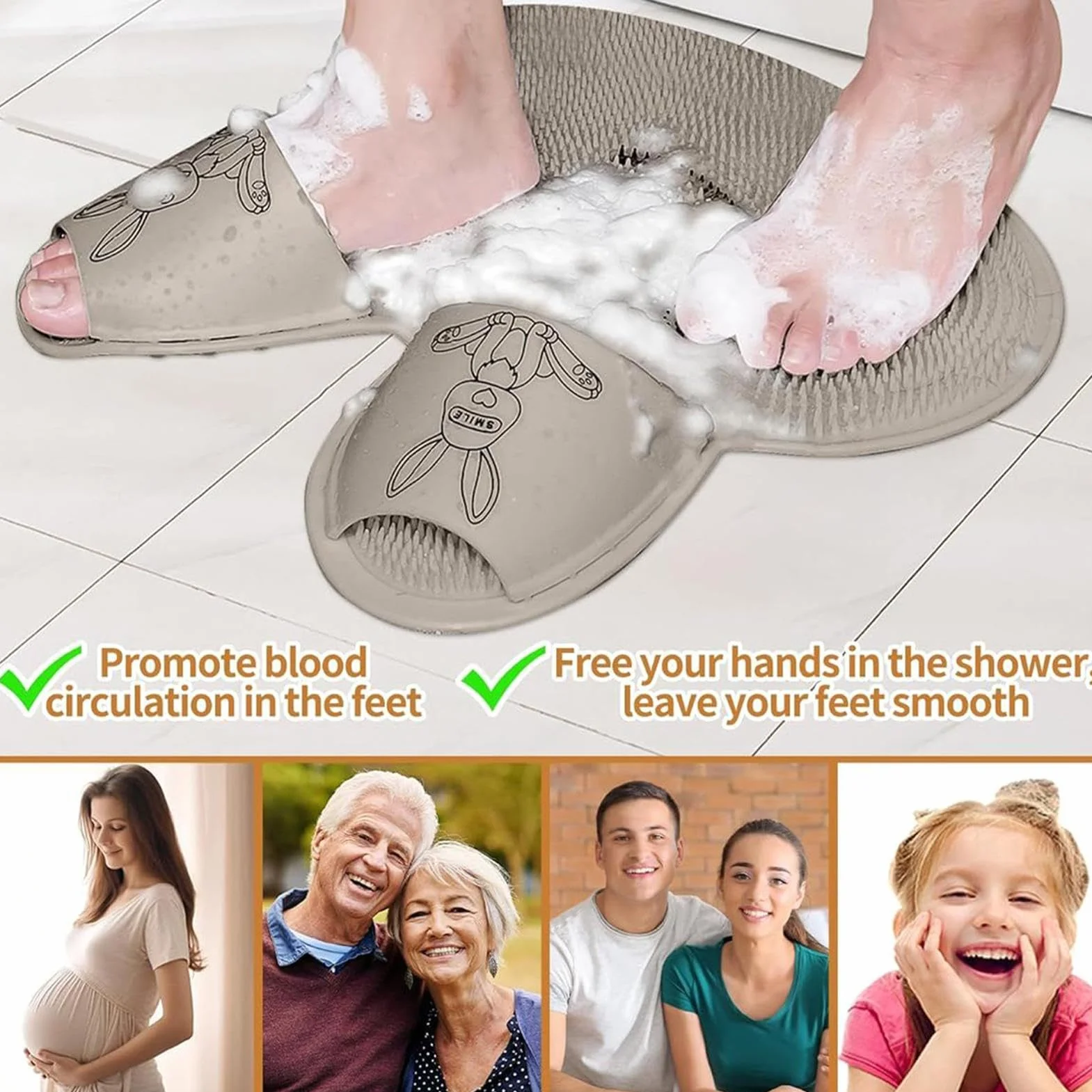 Foot Scrubber Mat, Shower Floor Feet Cleaner Brush, Bunny-Shaped Callus Remover, Soft Bristles Massage Pad, 17.72x17.72x0.98 inches