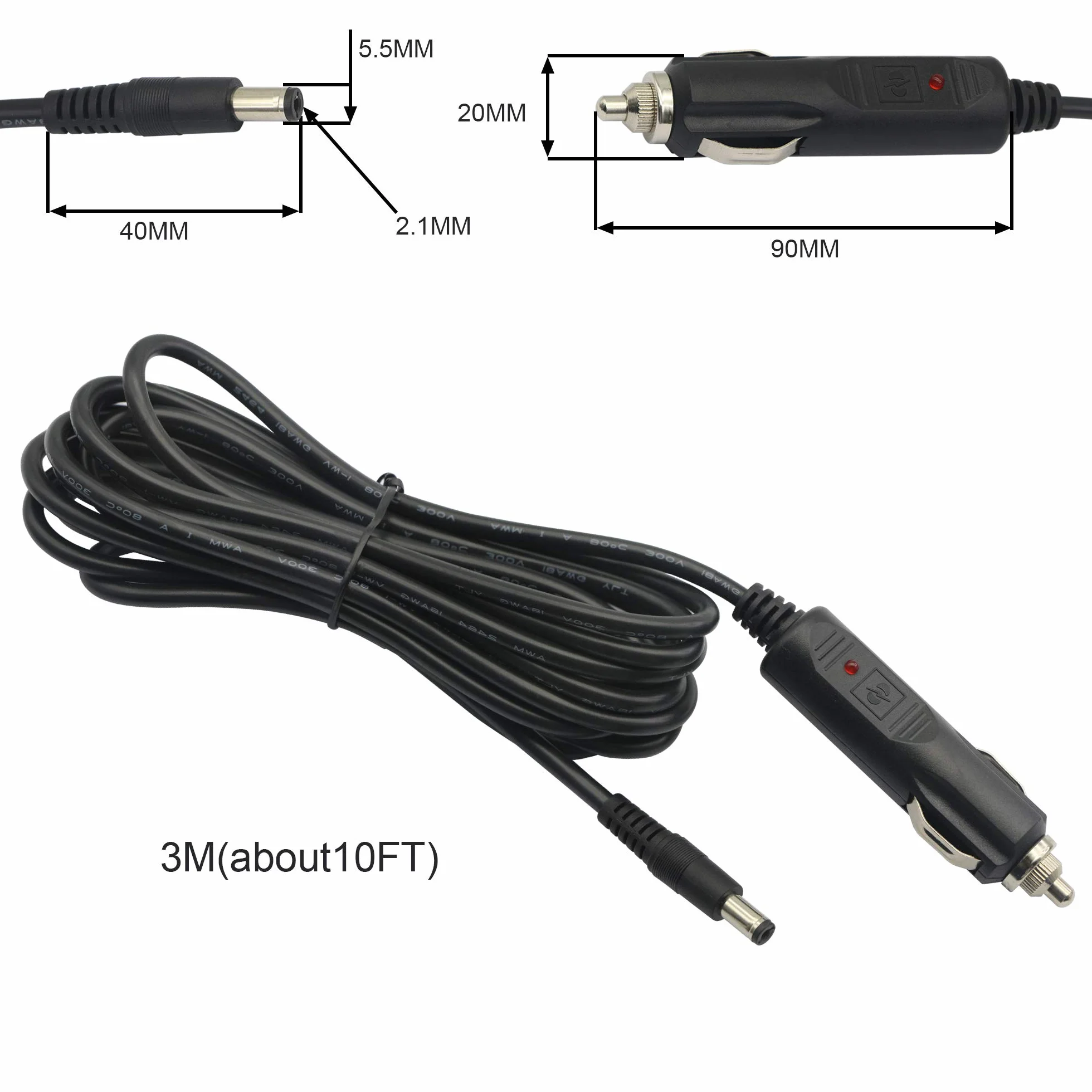 12 V-24 V DC 5,5 x 2,1 mm przedłużacz do zapalniczki samochodowej kabel z diodą LED do samochodów ciężarowych, autobusów, vanów (3 m)