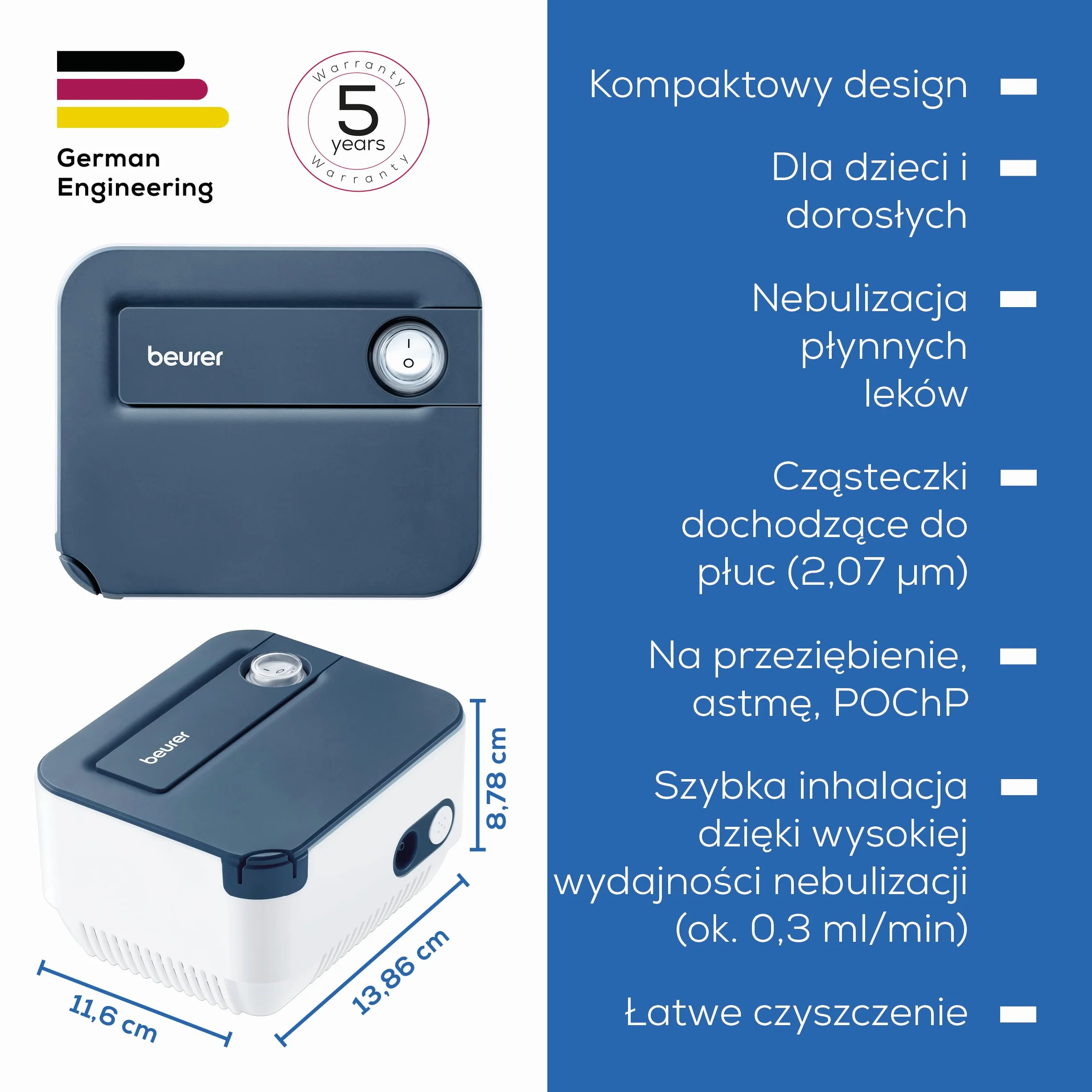 Beurer IH 16 Inhalator Kompaktowy Sprężonego Powietrza do Leczenia Dróg Oddechowych dla Dorosłych i Dzieci