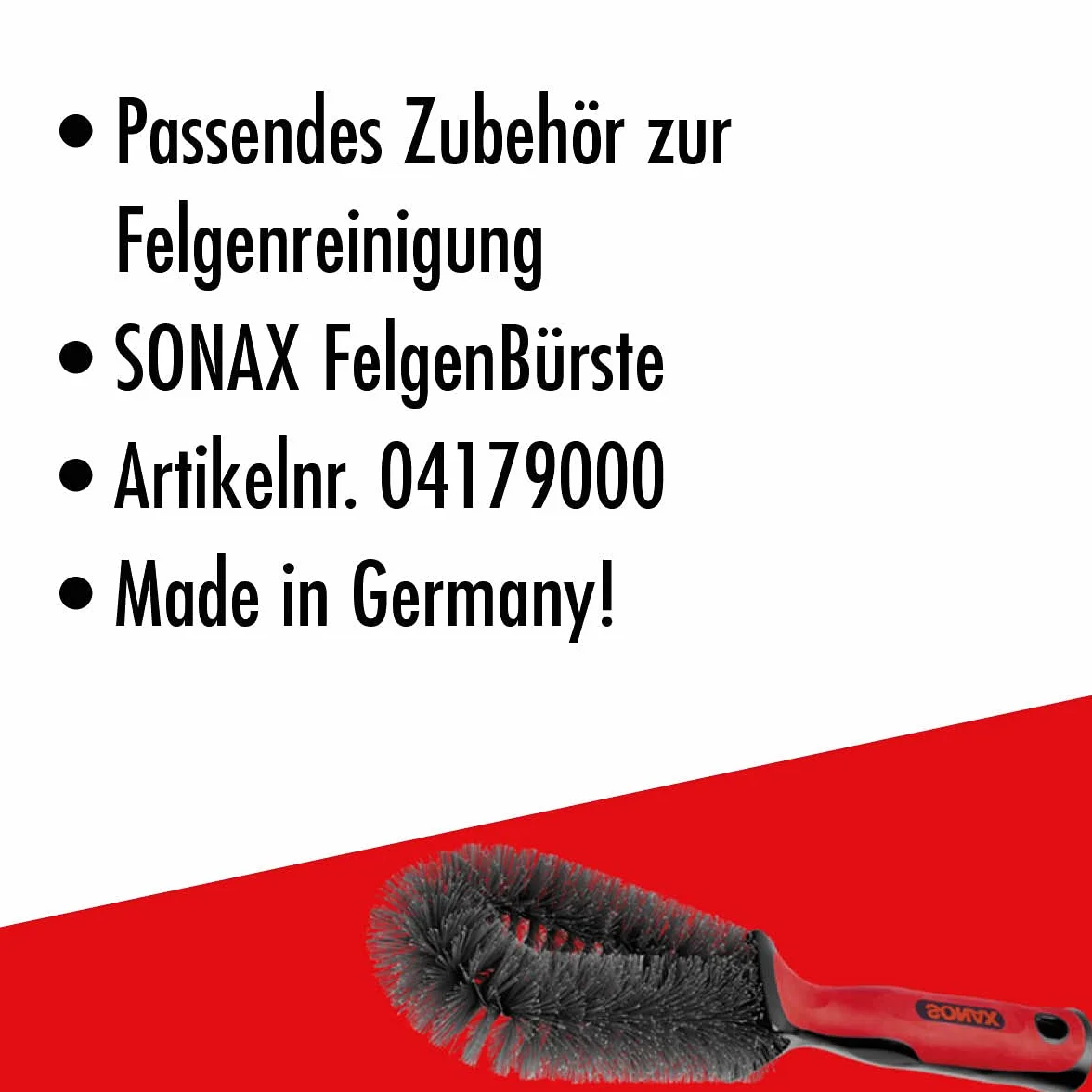 SONAX Żel do czyszczenia felg (500 ml) nie zawiera kwasów do felg z metali lekkich i stalowych o silnej formule żelowej, usuwa pył hamulcowy, pozostałości oleju i brud uliczny | Nr art. 04292000