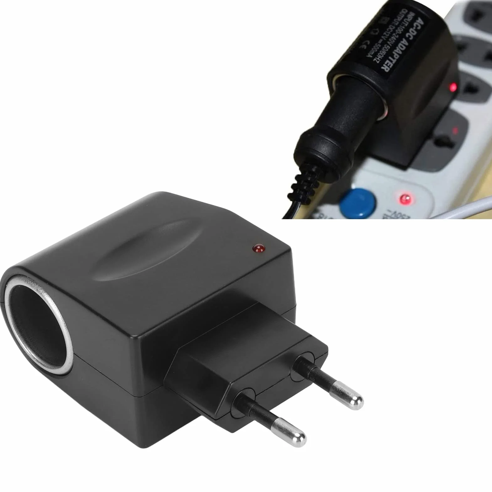 Uniwersalny Adapter do Zapalniczki Samochodowej 240 V AC na 12 V DC, Adapter Wtyczki Samochodowej, Konwerter Zasilania ze Wskaźnikiem LED, do Elektronicznych Materiałów (wtyczka