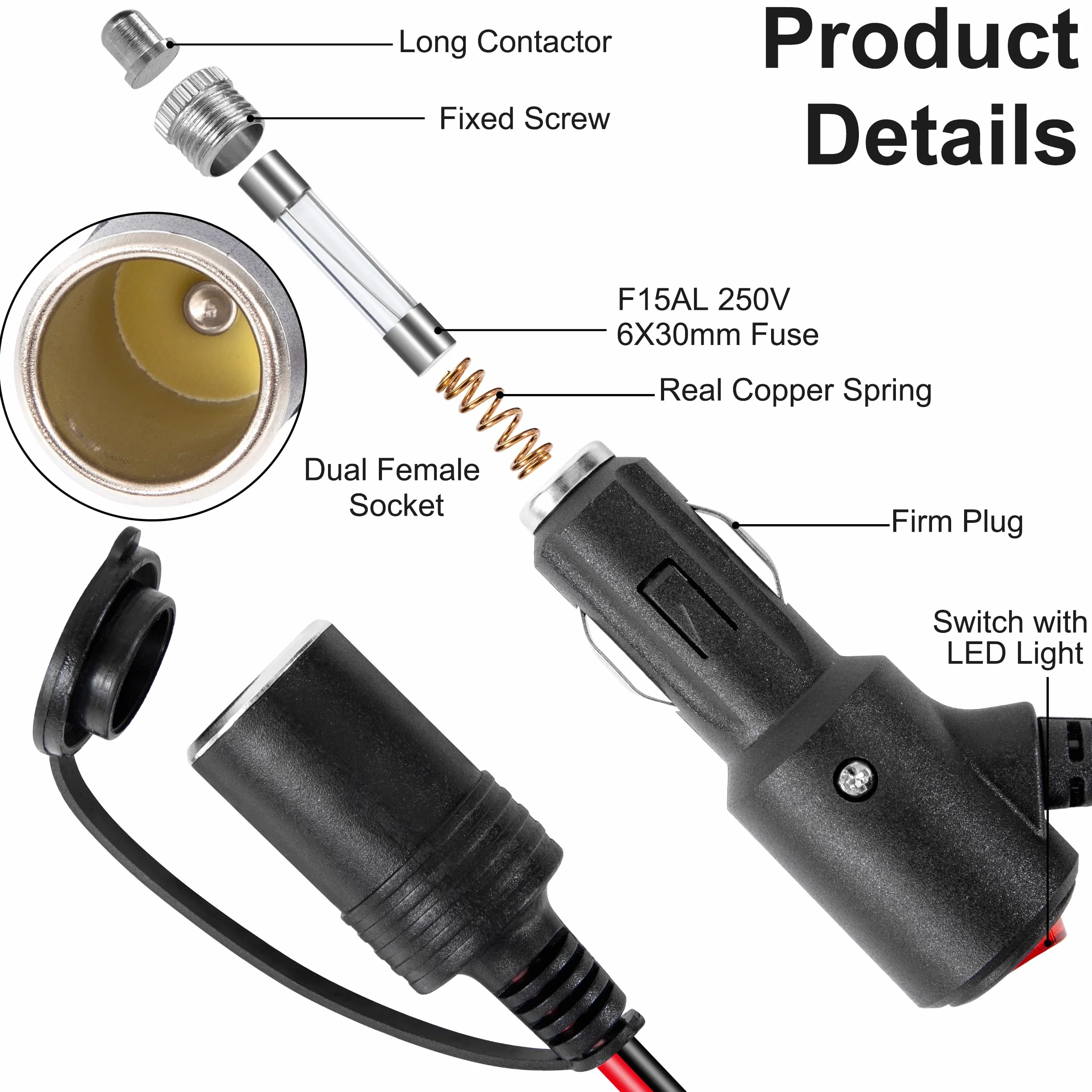 Rozdzielacz do zapalniczki samochodowej 12 V/24 V gniazdo zapalniczki samochodowej adapter z przełącznikiem 20 cm 20 AWG kabel przedłużający 1 do 2 rozdzielaczy z bezpiecznikiem 15 A do