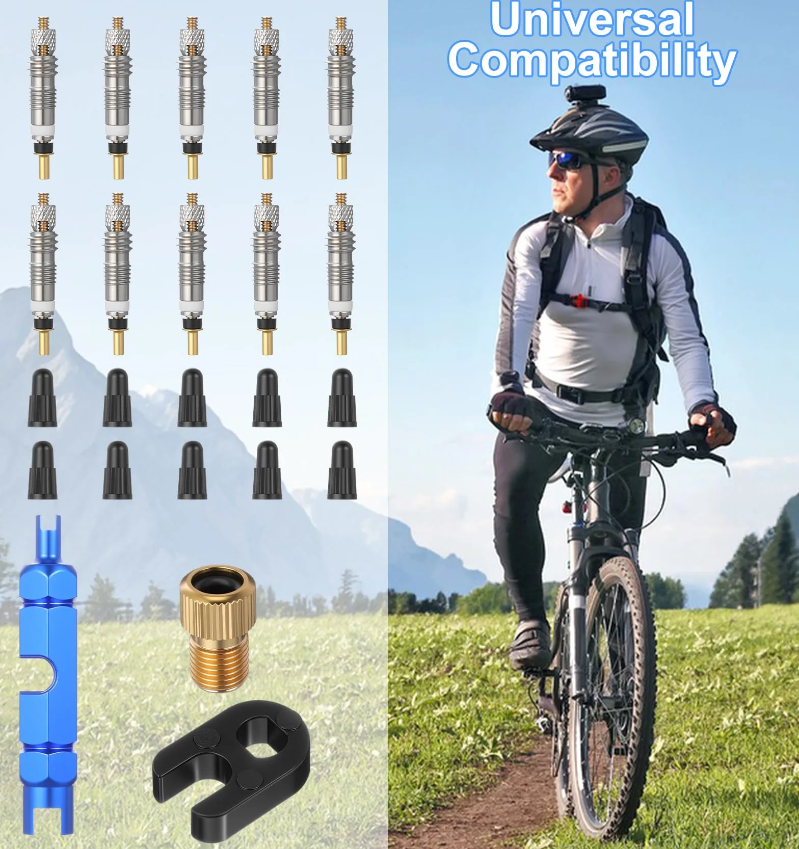 23-częściowy zawór rowerowy francuski, adapter do wentylu francuskiego do roweru i roweru górskiego, ze śrubą, kluczem i nasadkami ochronnymi, uniwersalnie kompatybilny