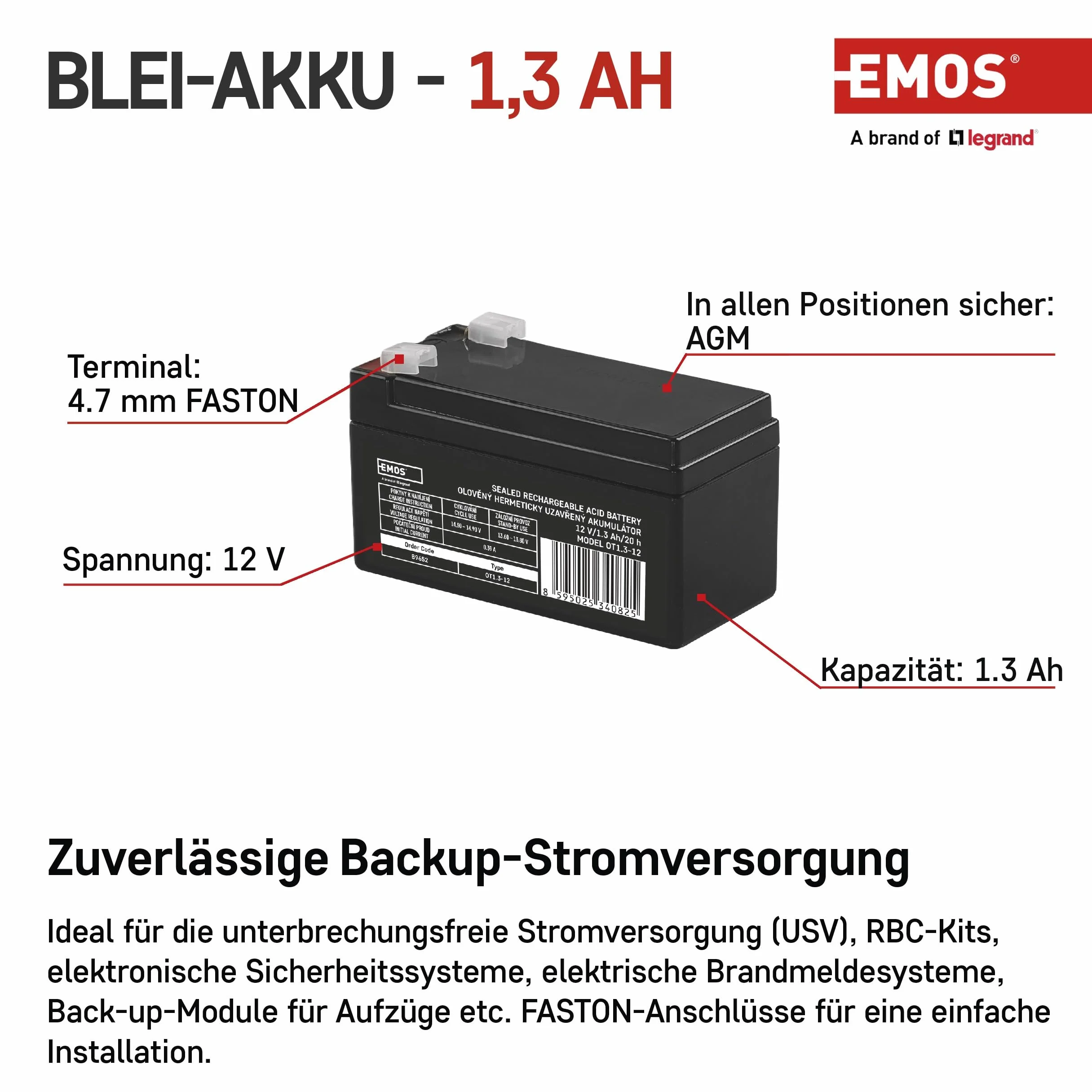 EMOS B9652 bezobsługowy akumulator ołowiowy/ołowiowy akumulator do sygnalizacji niebezpieczeństwa, systemów przeciwpożarowych, urządzeń UPS 12V, 1,3 Ah, 12 V