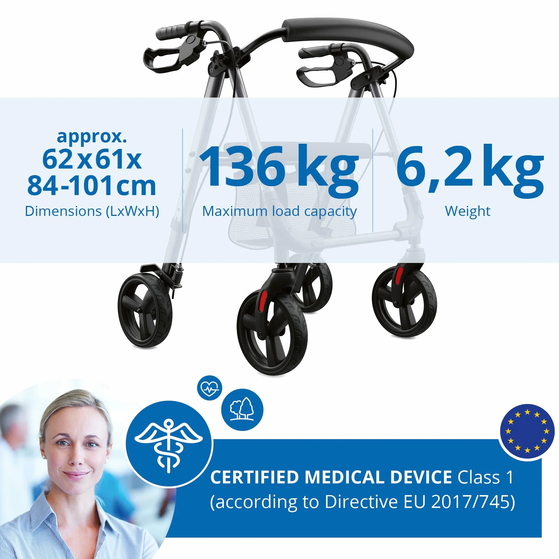 Rollator lekki regulowany 6,2 kg składany siedzisko z oparciem 4-stopniowa regulacja wysokości do 136 kg