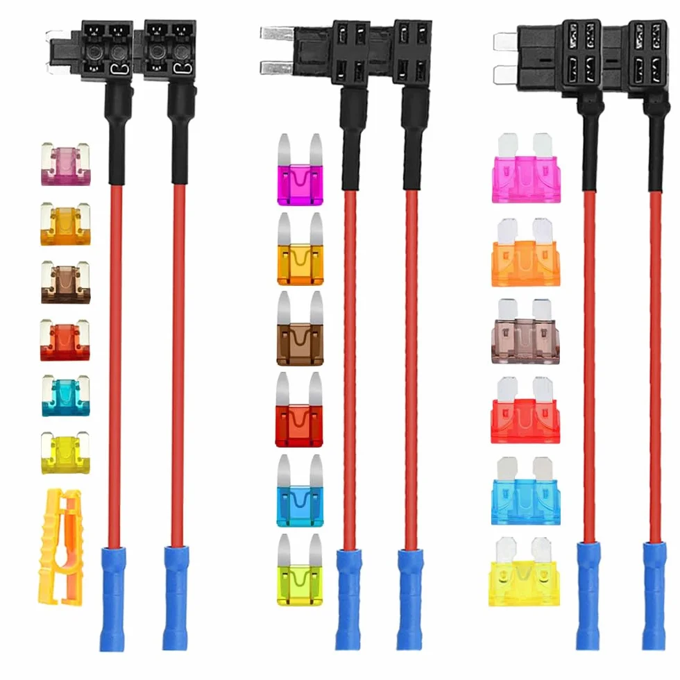 6 Sztuk 12V / 24V Zestaw Uchwyt Bezpiecznika, Kran Bezpiecznika Samochodowego z Przewodem 16 AWG, Bezpłatne 18 Sztuk Płaskich Bezpieczników i Ściągacz Bezpieczników (Terminal Zaciskany)