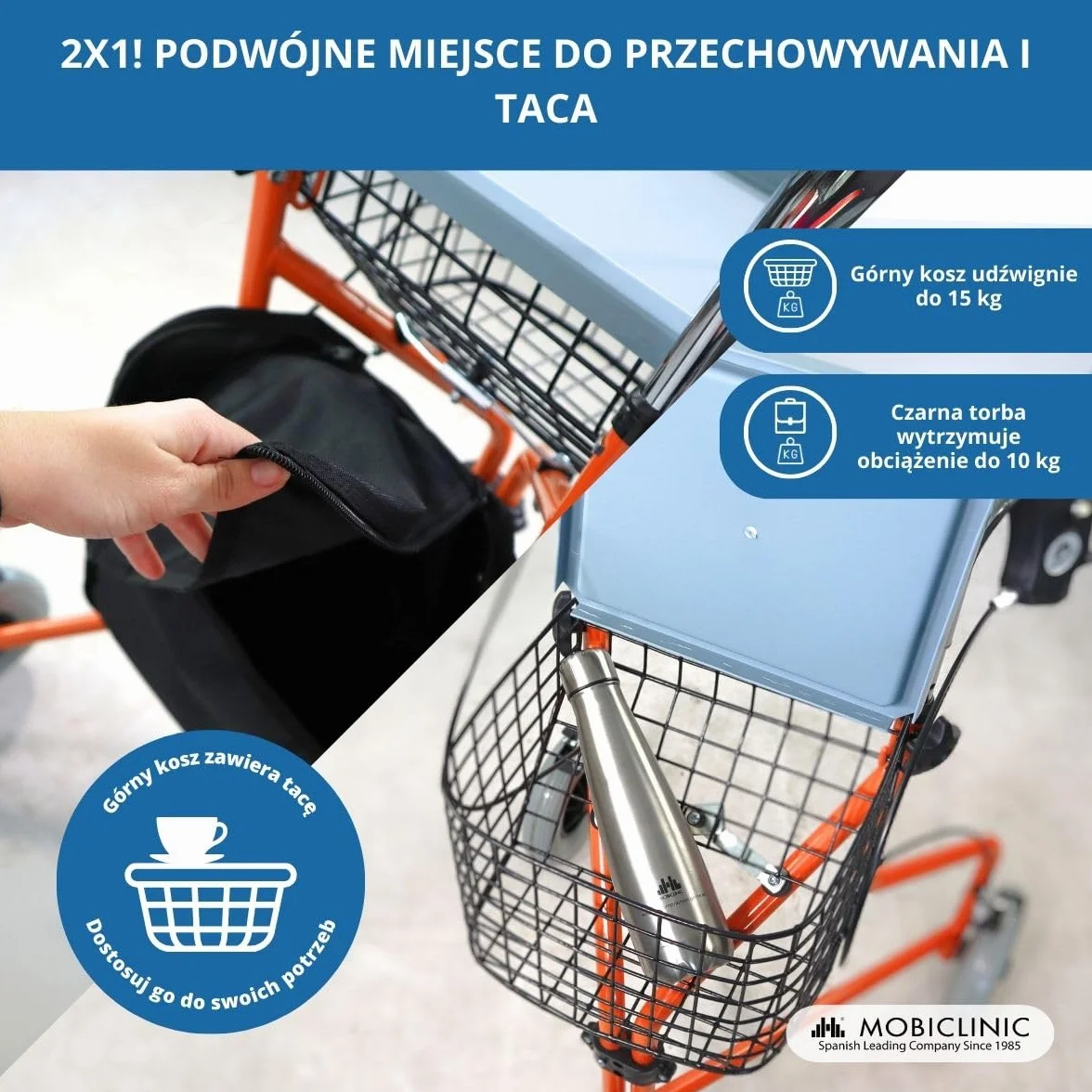 Mobiclinic Caleta Podpórka trzykołowa z koszykiem i hamulcem na rączkach Pomarańczowy