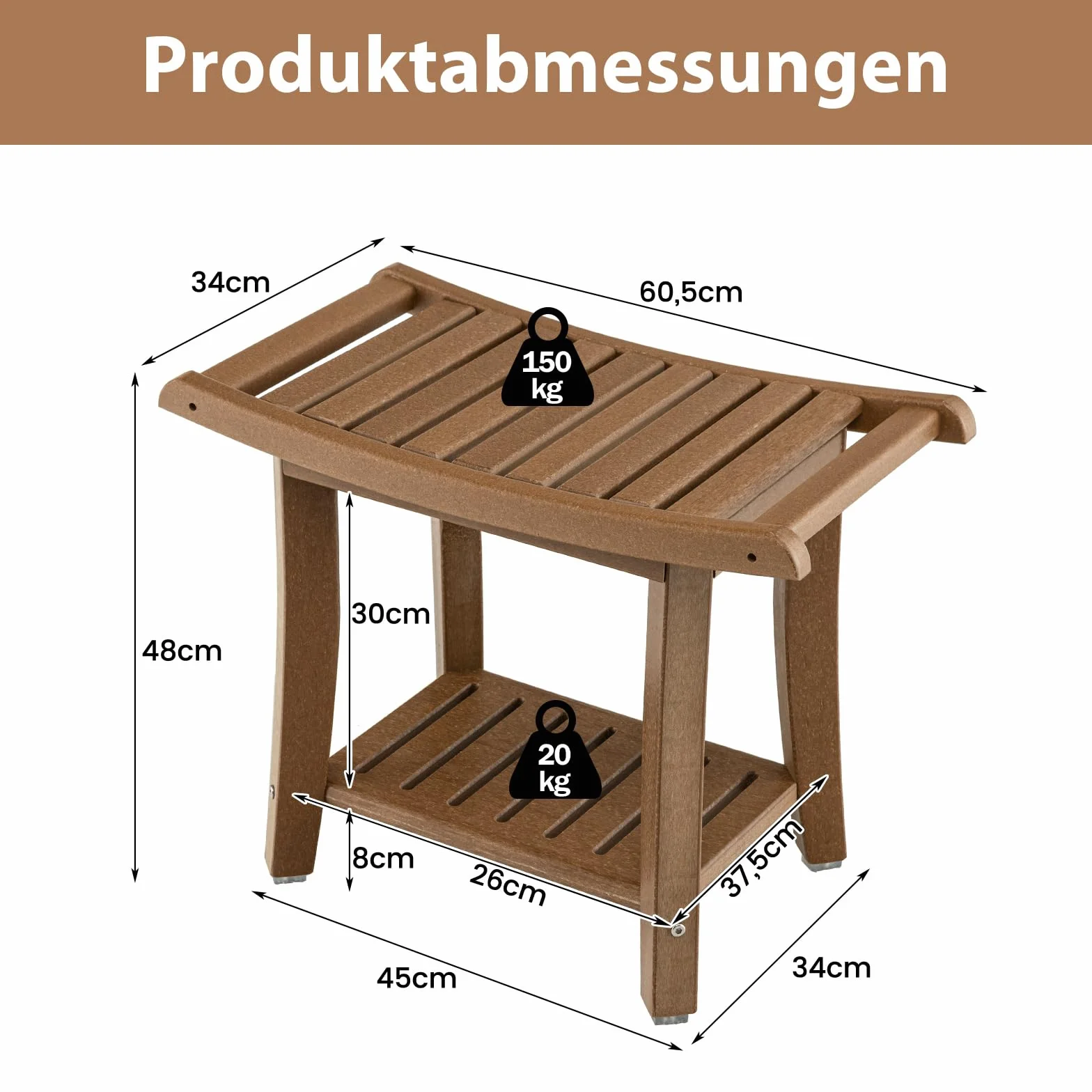 COSTWAY Ławka do kąpieli z regałem, taboret kąpielowy 170 kg, 60,5 x 34 x 48 cm
