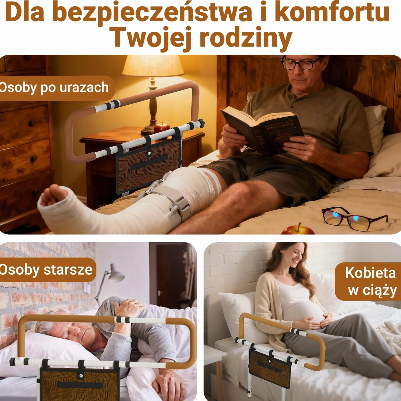 Poręcz łóżka dla seniorów regulowana wysokość i szerokość składana antypoślizgowe uchwyty