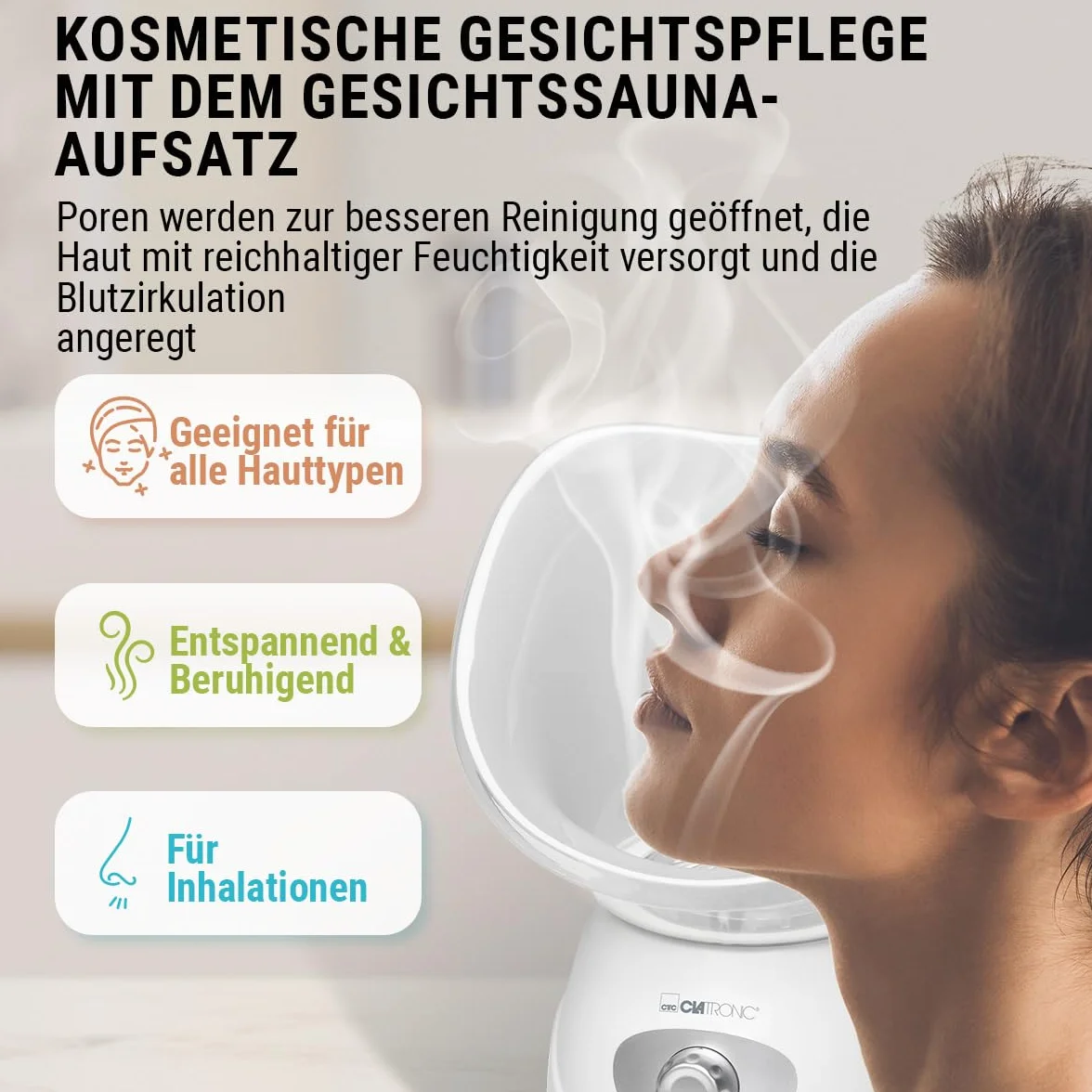 Clatronic GS 3656 Sauna do Twarzy z Inhalatorem i Nasadką Aromatyczną, Biały