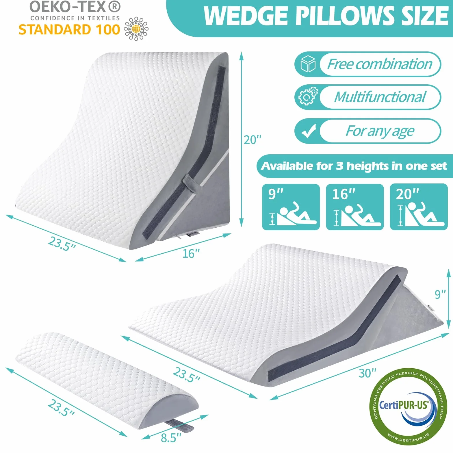 Ortopedyczna poduszka klinowa do spania 15 w 1 regulowana z pianki memory 23-50 cm na refluks