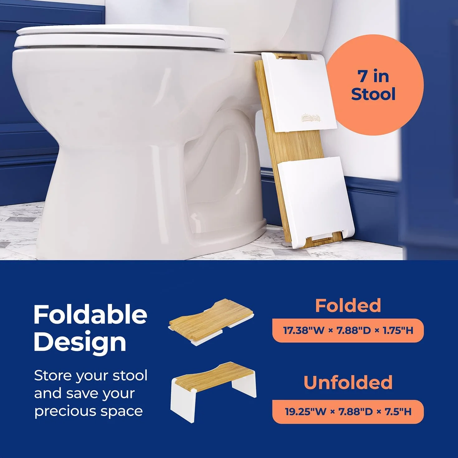 Squatty Potty Stockholm SP-BAMBOO-STOCKHOLM Składany Stołek Bambusowy 7 Cali Brązowy Biały