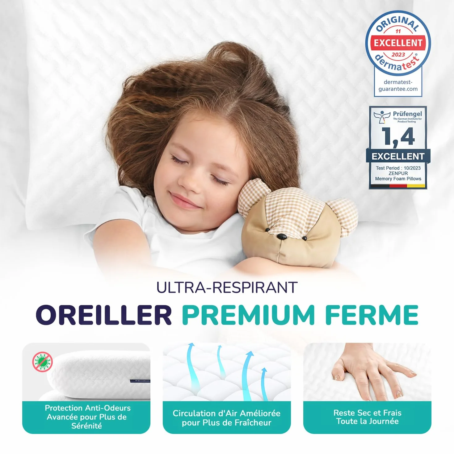 ZenPur Oreiller Ergonomique Cervical Orthopédique, Coussin Mémoire de Forme, Anti Acarien & Ronflement, Housse Bambou, Fabriqué EU