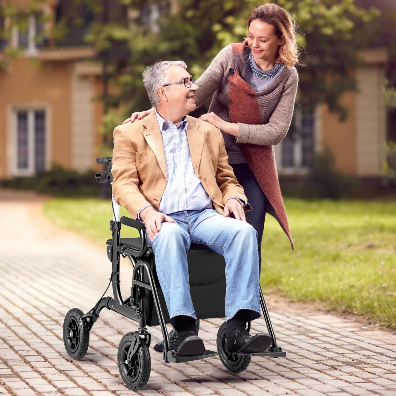 COSTWAY Chodzik z oponami pneumatycznymi składany lekki z siedziskiem wózek inwalidzki rollator 2 w 1 aluminium do 140 kg 6-stopniową regulacją wysokości