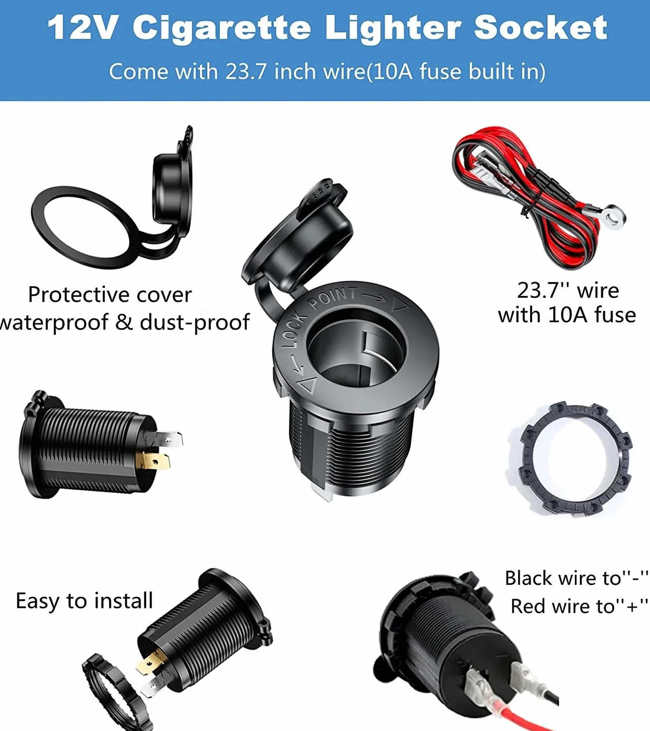 GTIWUNG Gniazdko do zapalniczki samochodowej, wodoszczelne, 12 V, 12 V/24 V, adapter do zapalniczki samochodowej z kablem przyłączeniowym 60 cm, 18 AWG, do łodzi, motocykla, samochodu, 3 sztuki